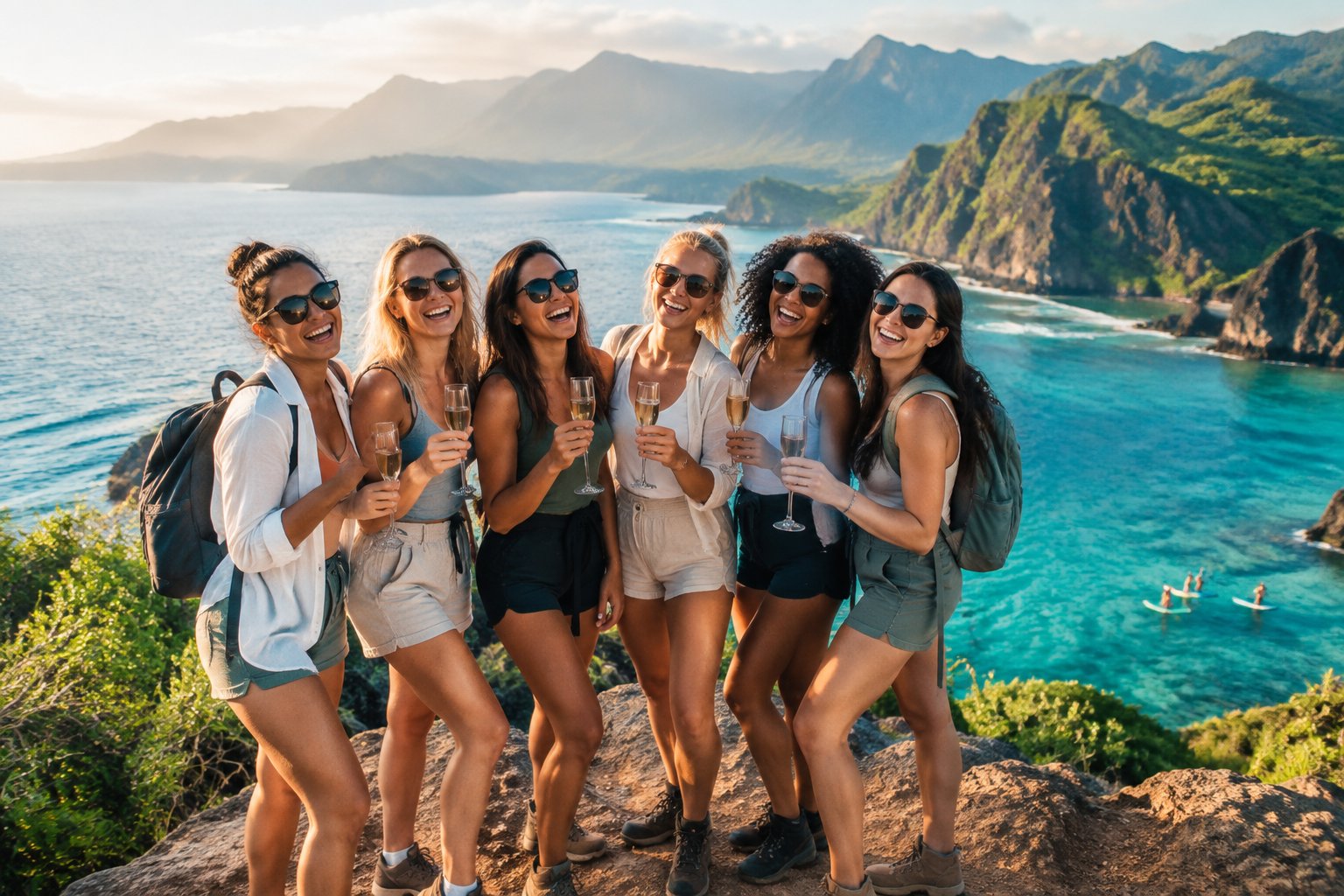 A group of friends celebrates at a scenic tropical coastal viewpoint with mountains, greenery, and ocean behind them.