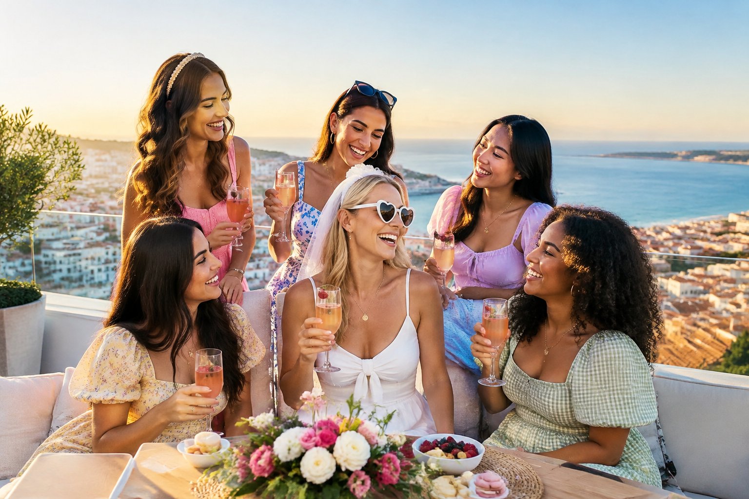 A group of women celebrating a hen party on a sunny rooftop overlooking the sea.