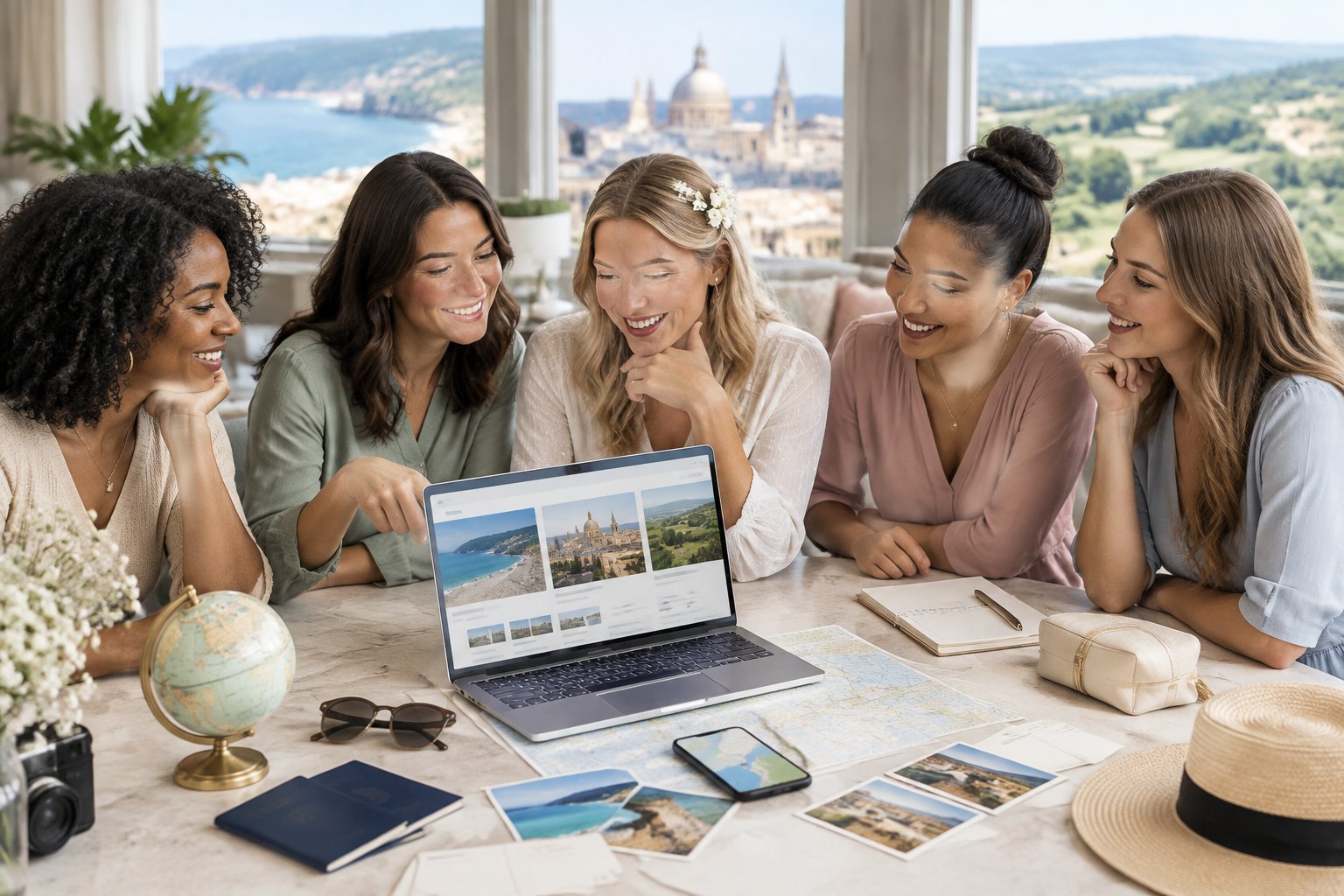 A group of women compares travel options and plans a bride’s hen party around a table.