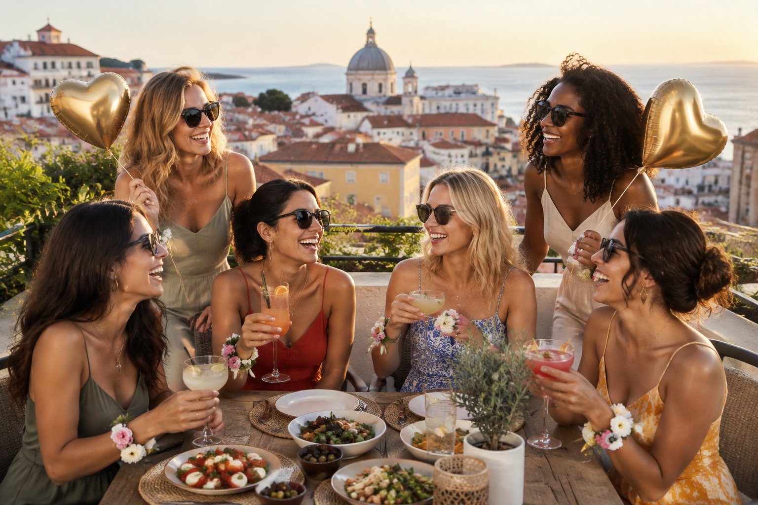A group of friends celebrating on a sunny Mediterranean rooftop overlooking a European coastal city.