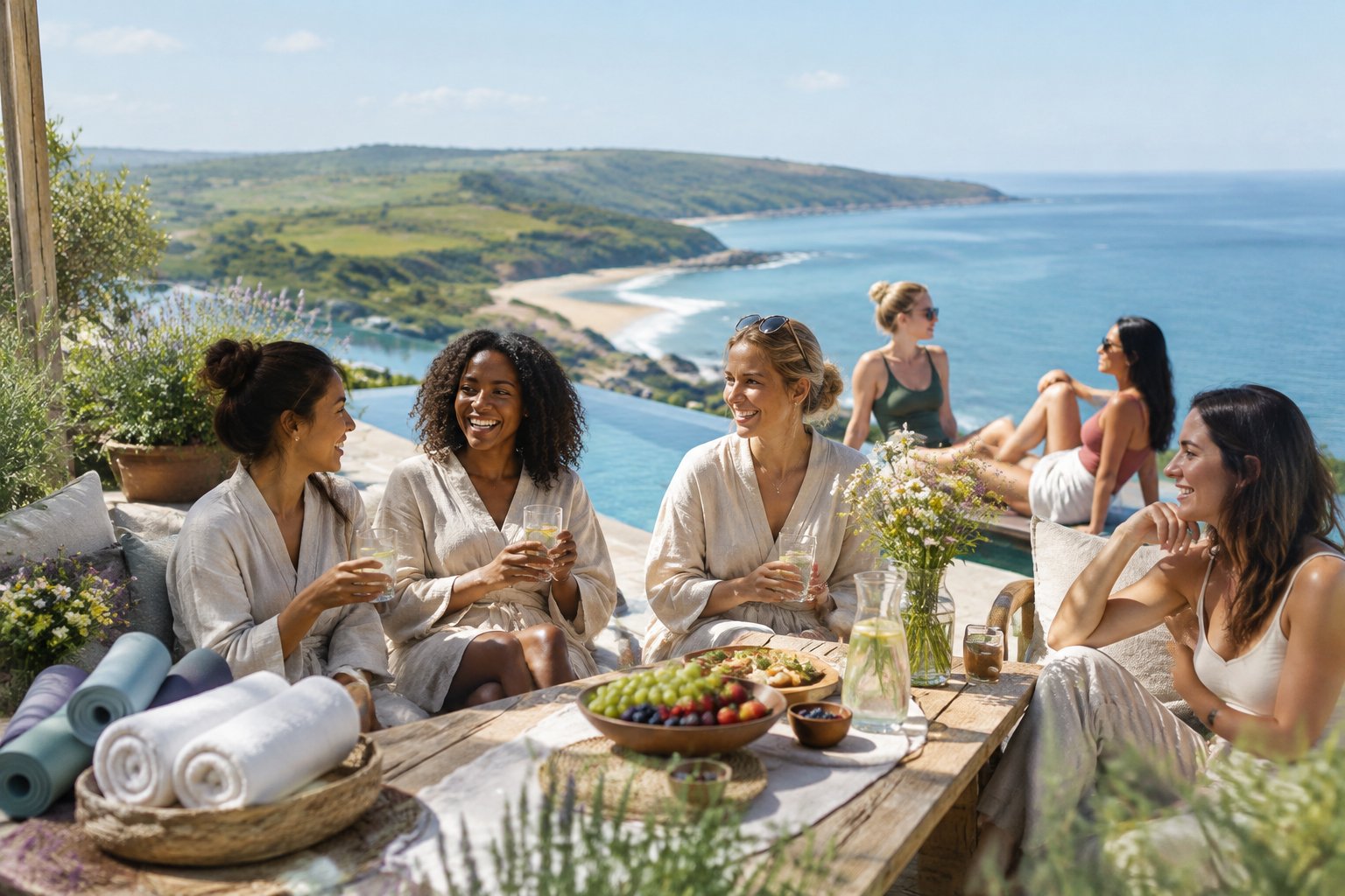 A group of friends relax together at a bright coastal countryside retreat with a pool, picnic table, hills, and beach views.