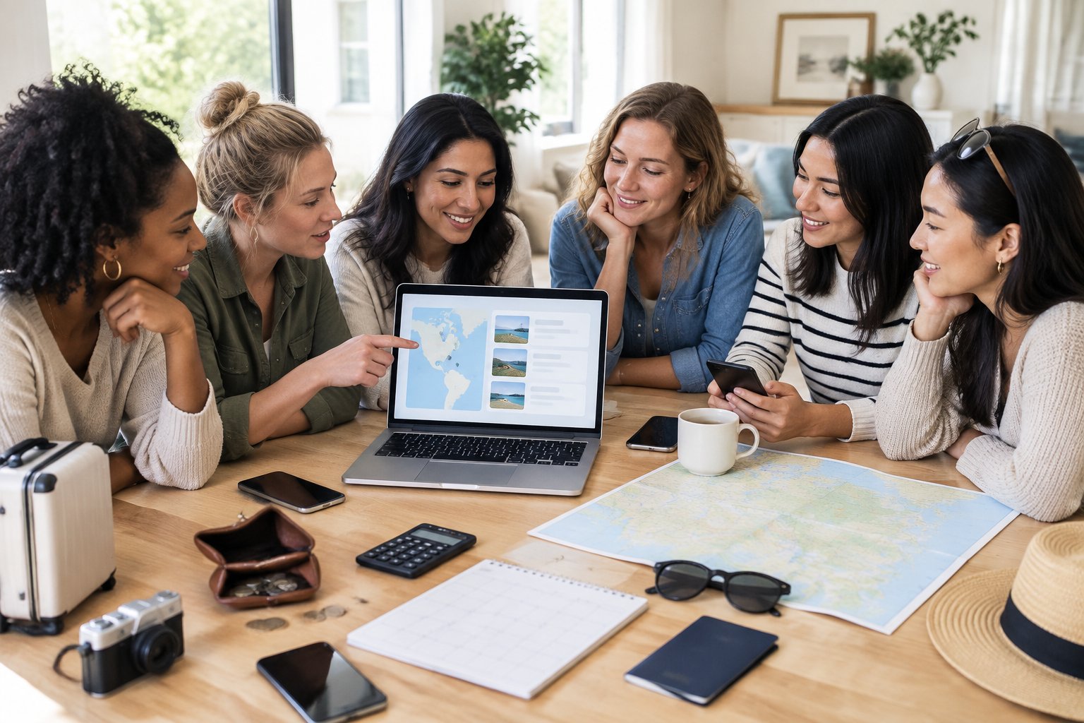 Friends gather around a table to plan a group holiday using travel items, phones, and a laptop.