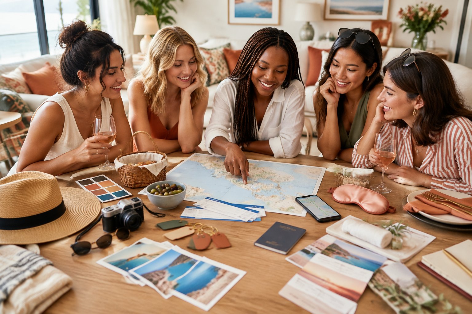 Friends plan a personalized hen party trip around a table with maps, travel accessories, and destination-inspired items.