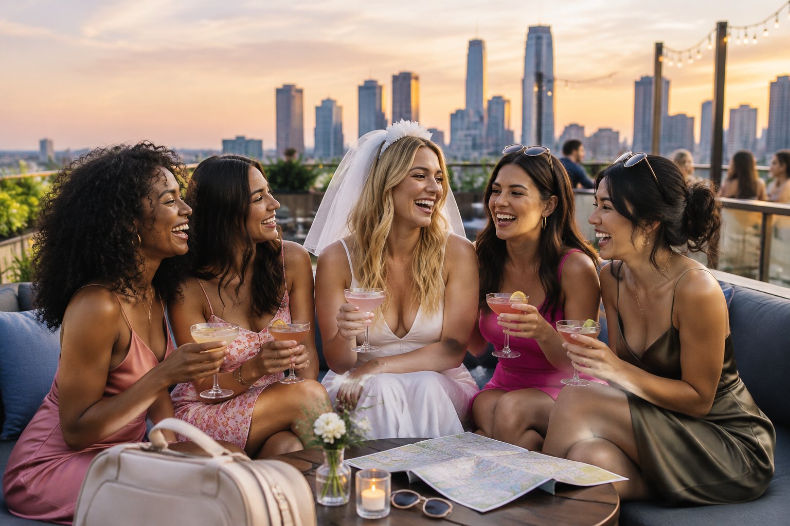 A group of friends celebrating a bachelorette weekend at an upscale rooftop venue overlooking an American city.