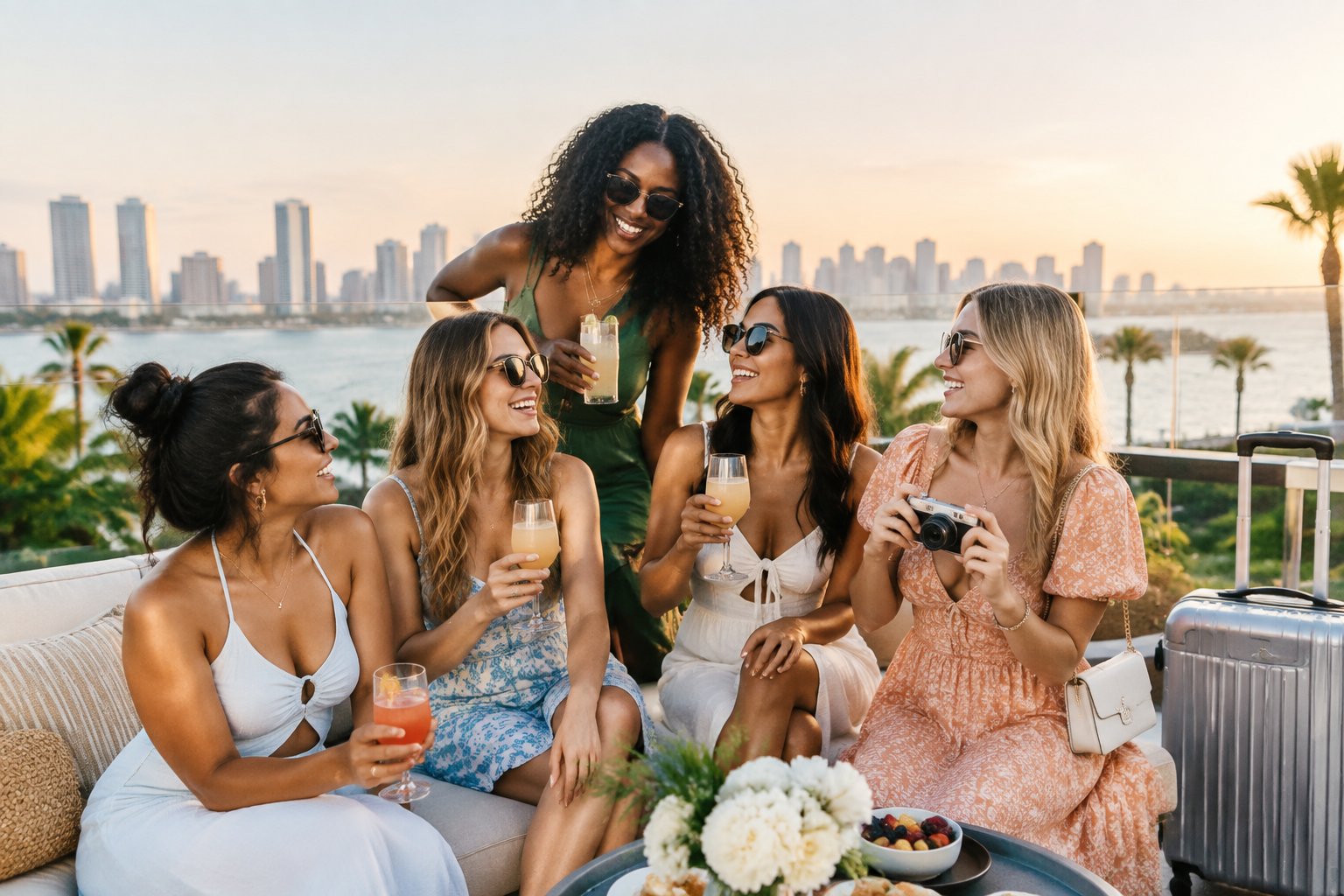 A group of women friends celebrating together during a weekend getaway at a scenic American destination.