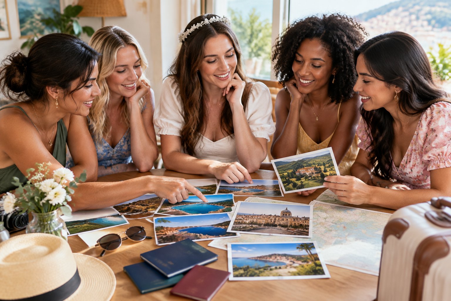 Bride-to-be and friends compare travel ideas while planning a hen party destination.
