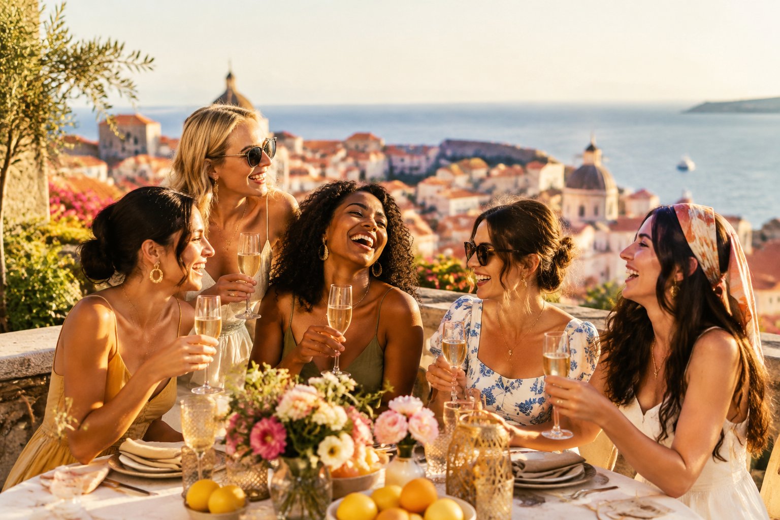 A group of friends celebrating together on a sunny European rooftop overlooking the coast.