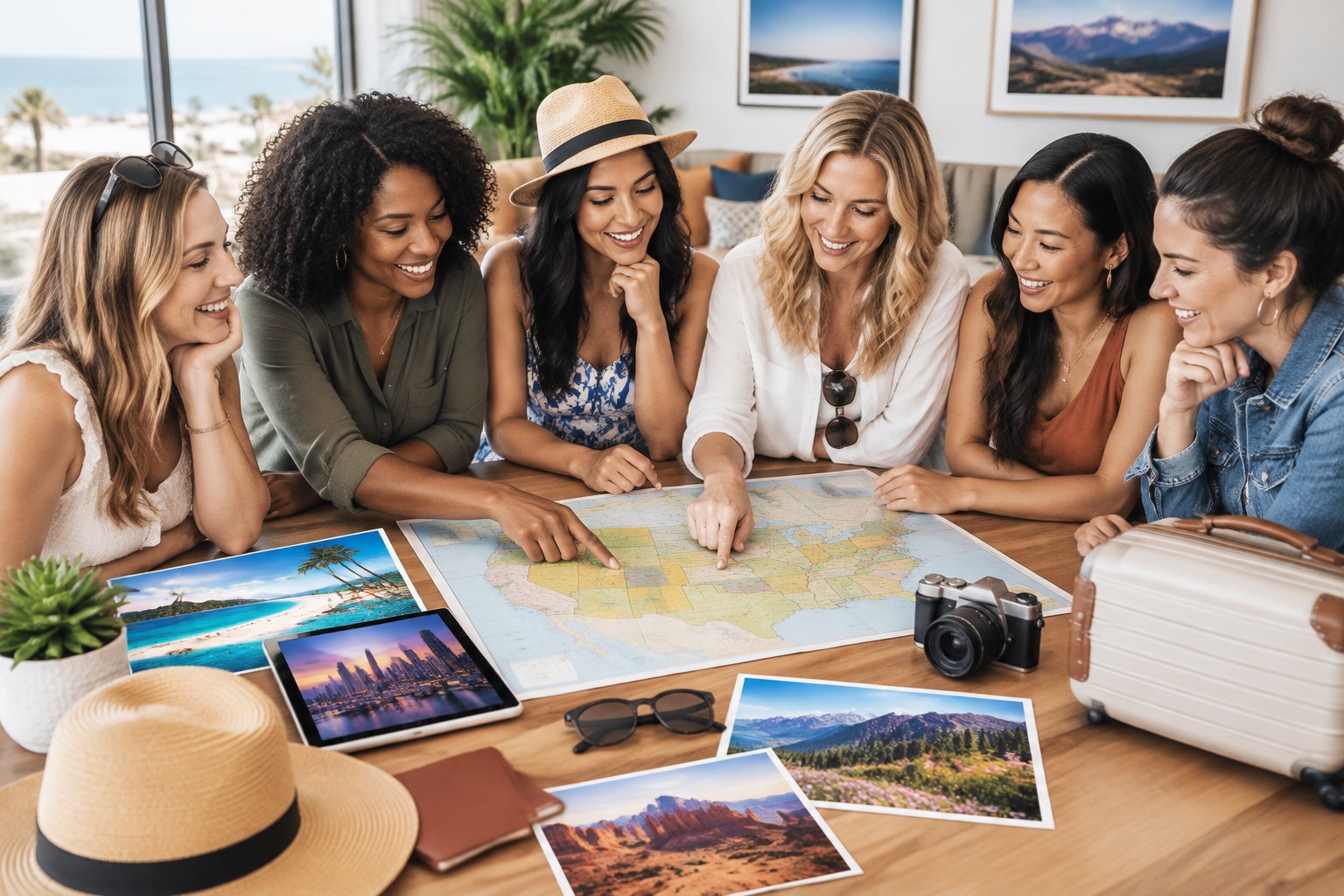 A group of women compares destinations on a map of the United States while planning a celebratory trip.