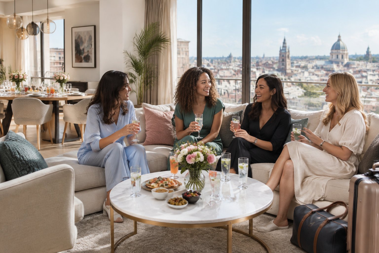 A group of women relaxing together in a stylish apartment prepared for a weekend celebration.