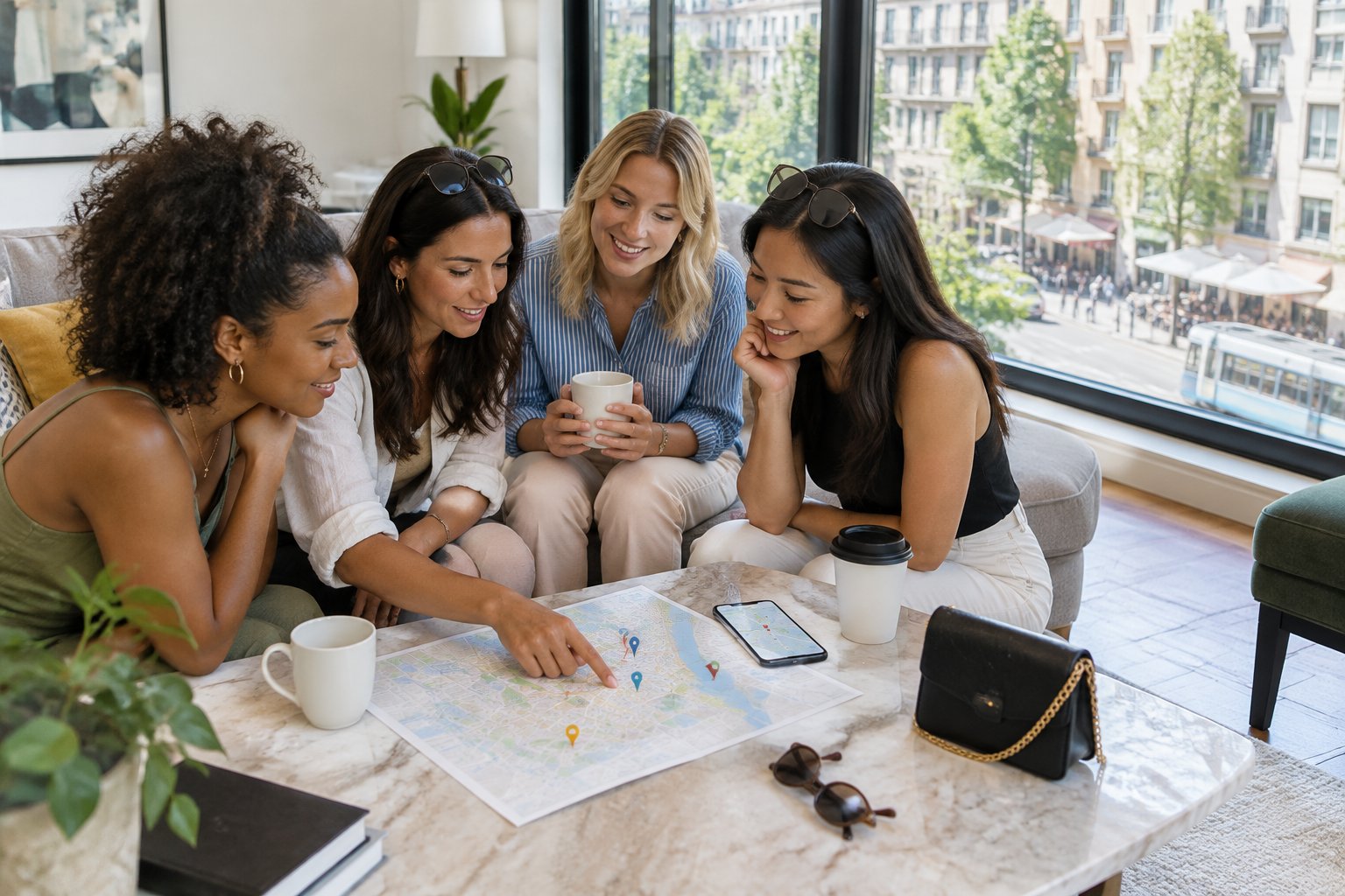 Friends compare city neighborhoods in a stylish apartment while planning a hen party.