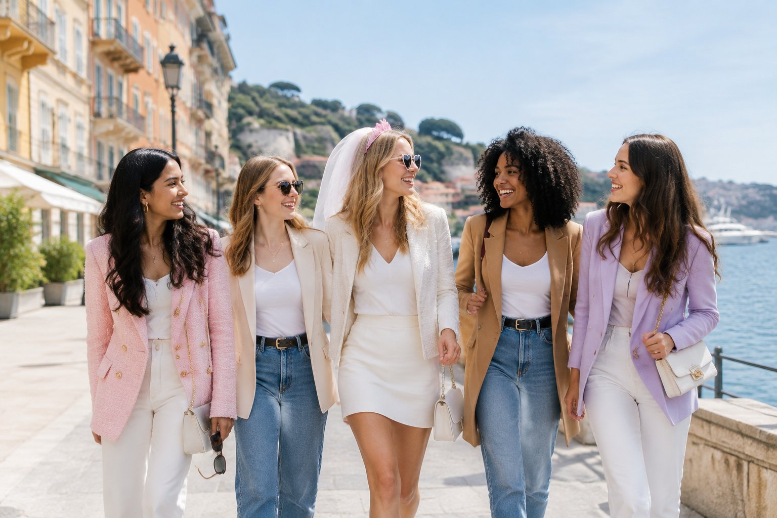 A group of women in stylish jackets laughing together while exploring a sunny coastal destination.