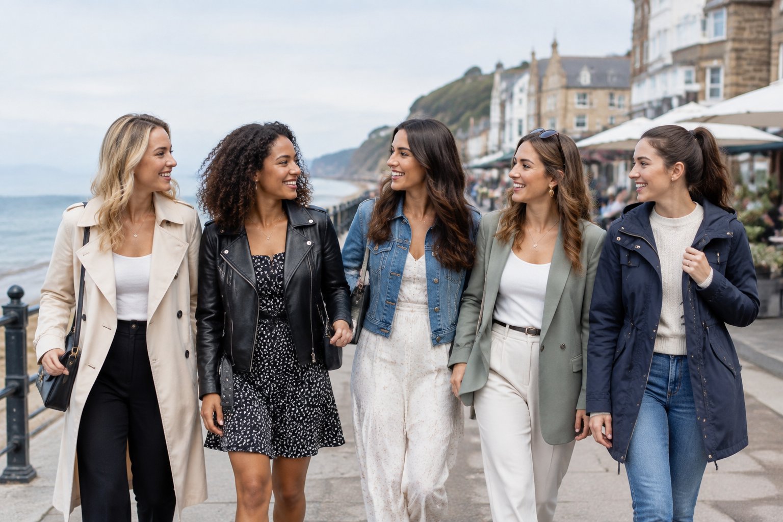 A group of friends wearing different jackets walks together on a picturesque British street.