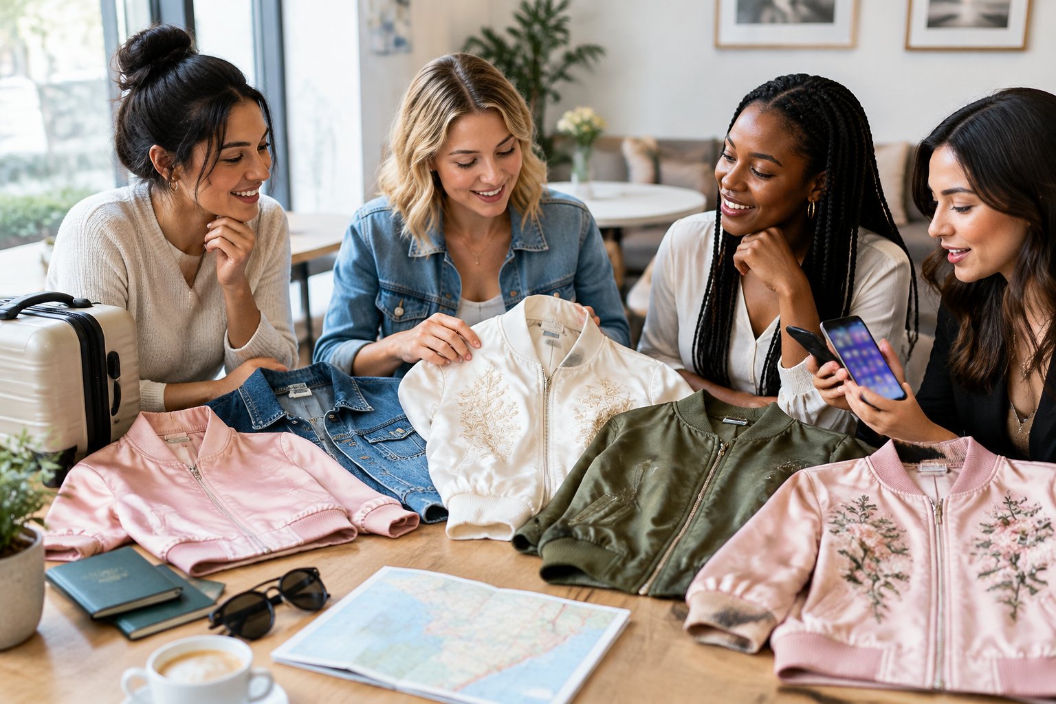 Friends compare jackets and travel items while planning a destination hen party.