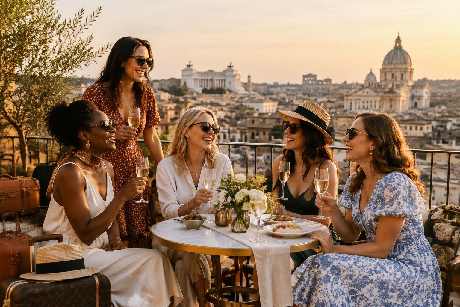 A group of friends celebrating a hen party on a rooftop terrace overlooking a historic city.
