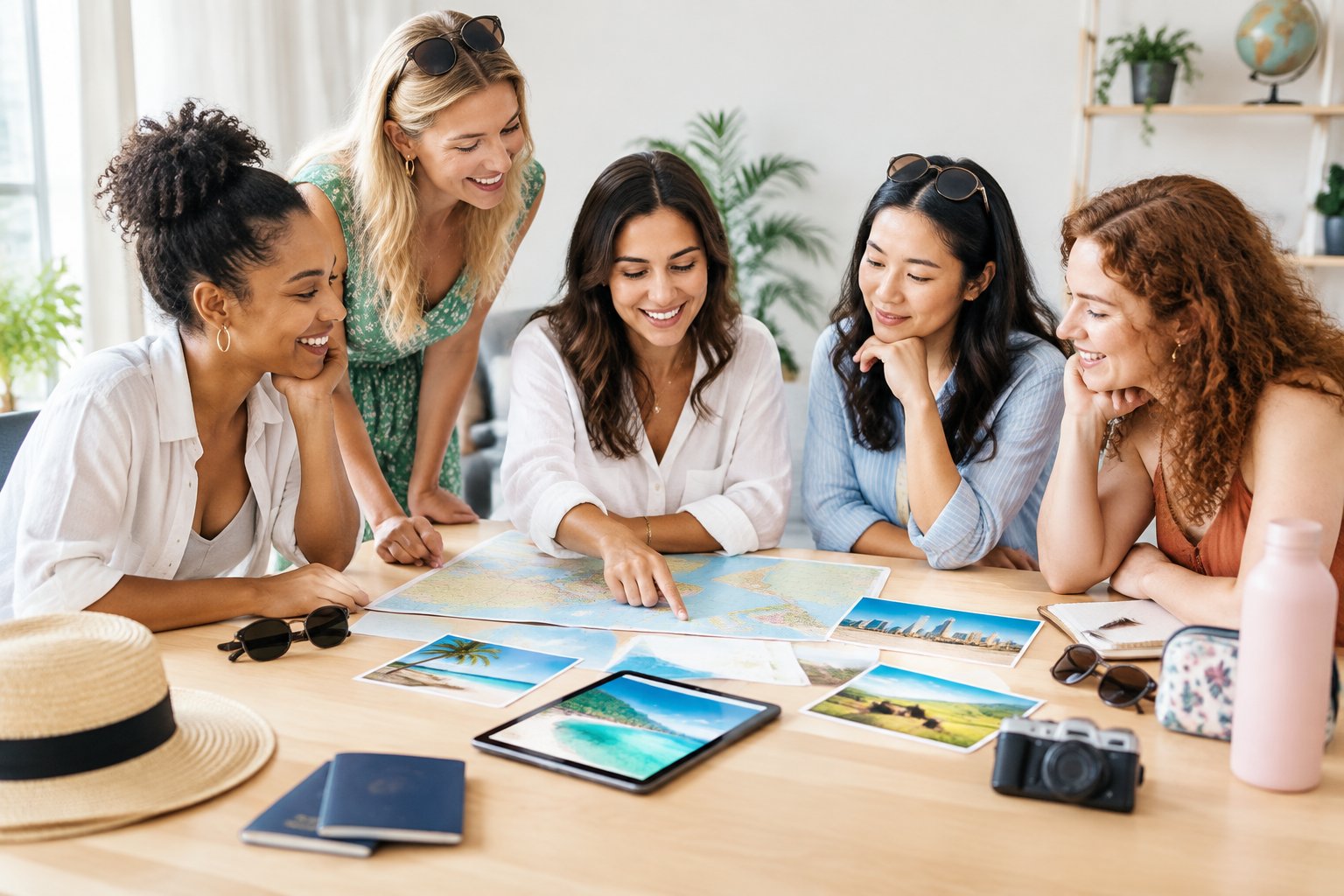 A group of women friends comparing travel ideas and planning a hen party destination around a table.