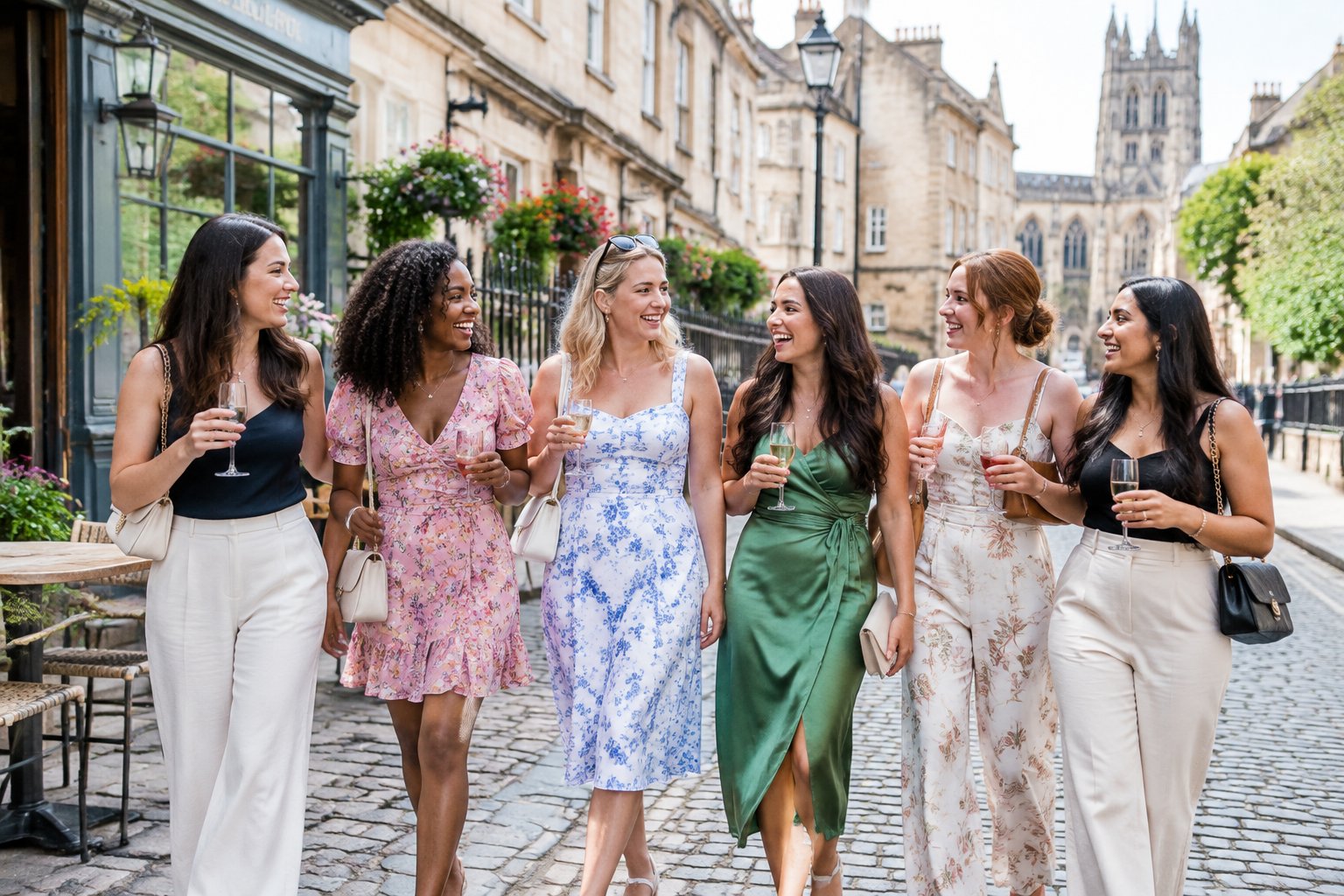 A group of friends celebrating together on a picturesque UK cobbled street.