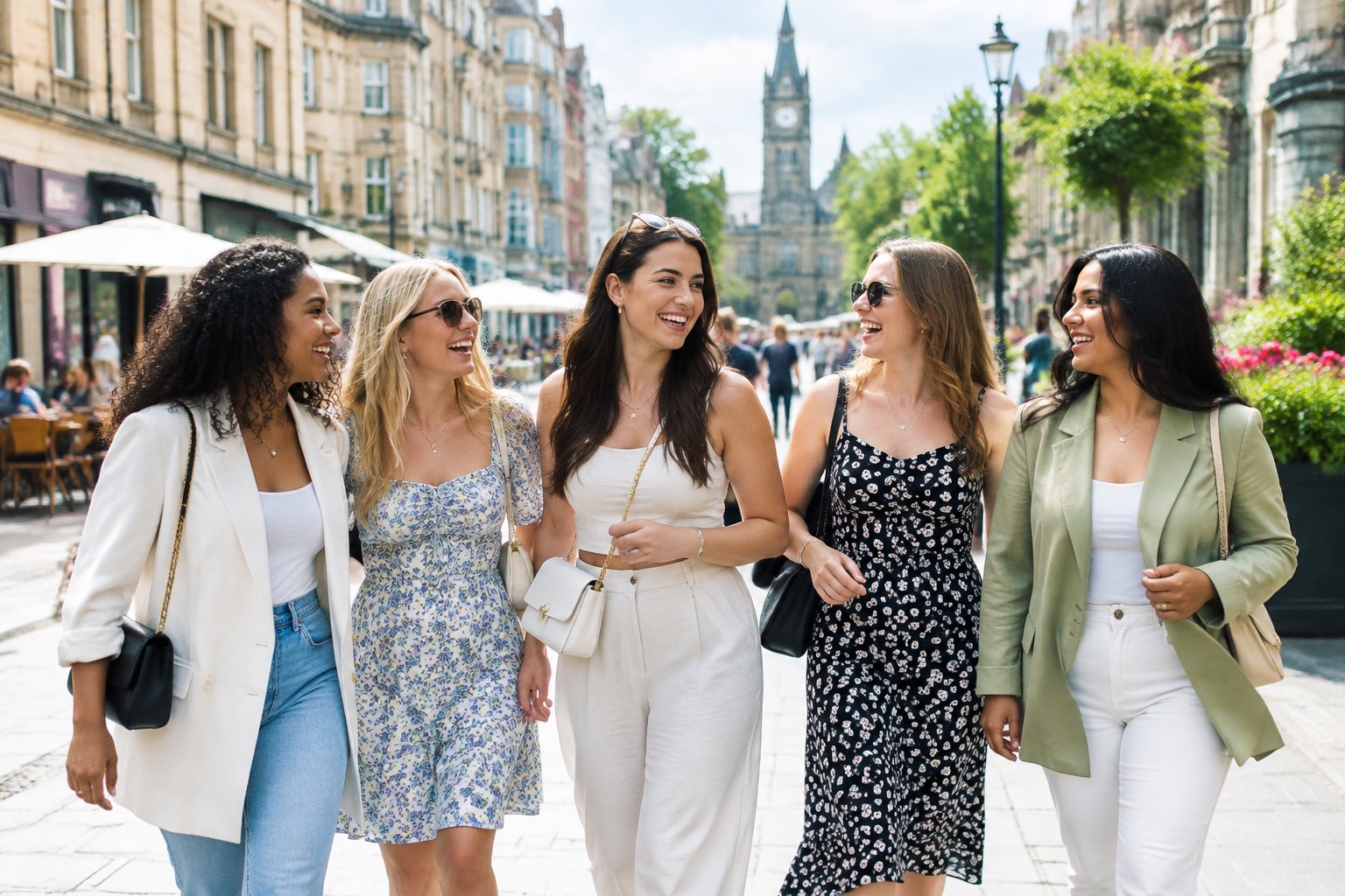 A group of friends laughing together while exploring a lively UK city centre during a hen weekend.