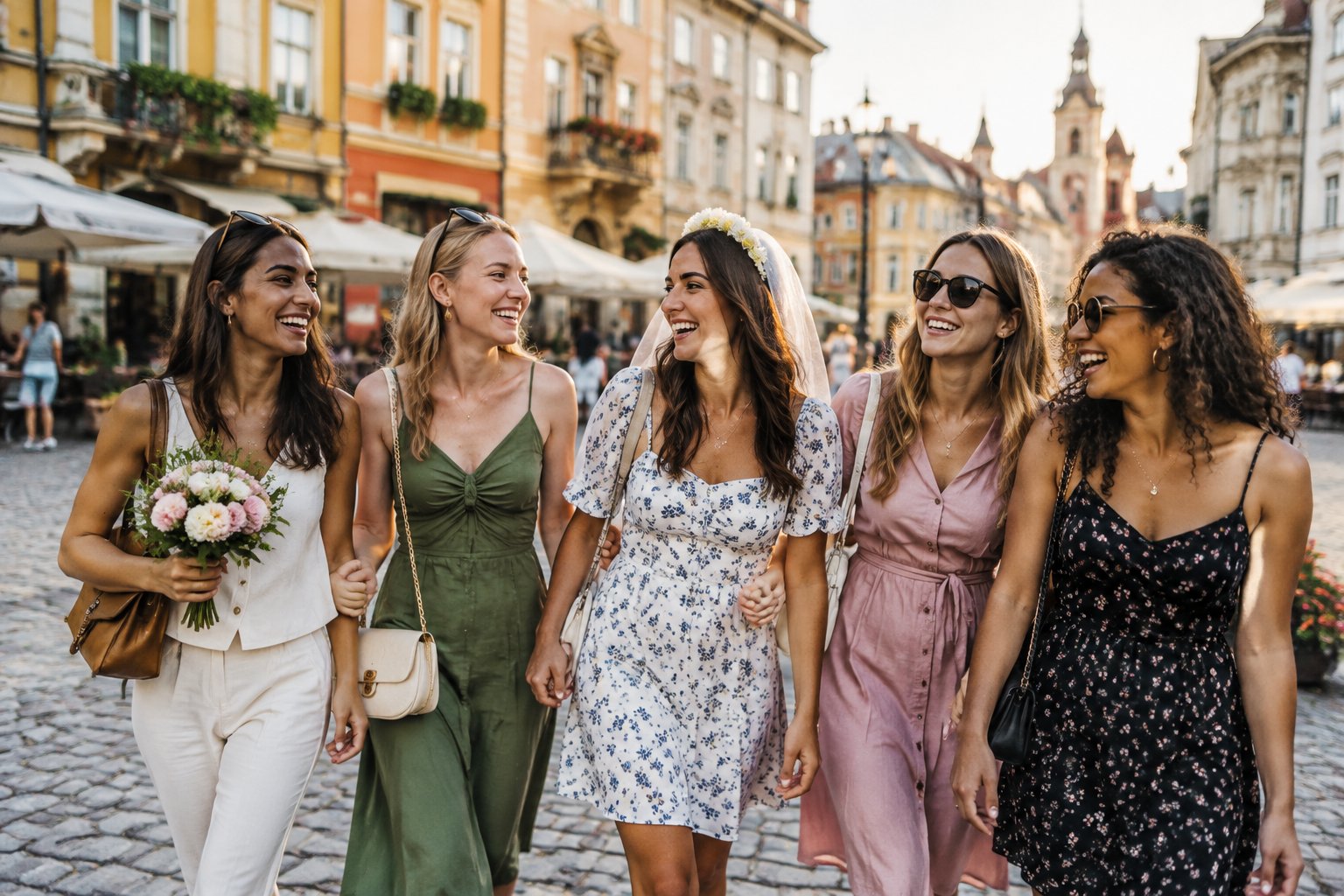 A group of friends celebrating a hen weekend while exploring a picturesque European city square.