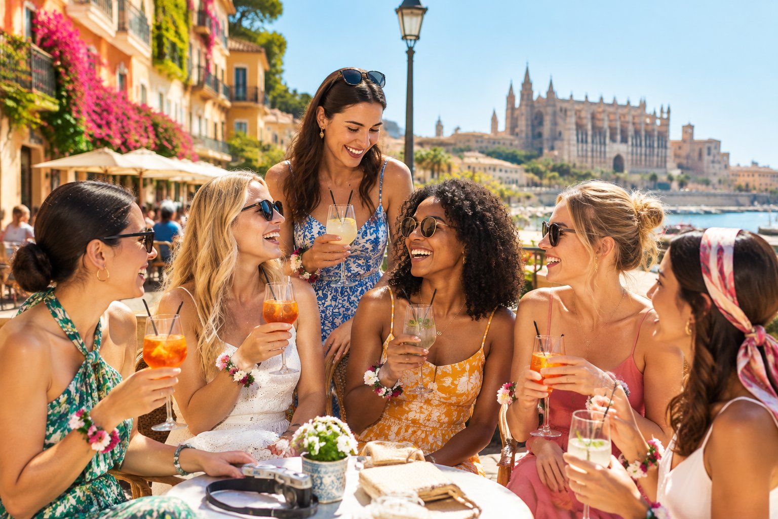 A group of friends enjoying drinks together on a sunny European city terrace.