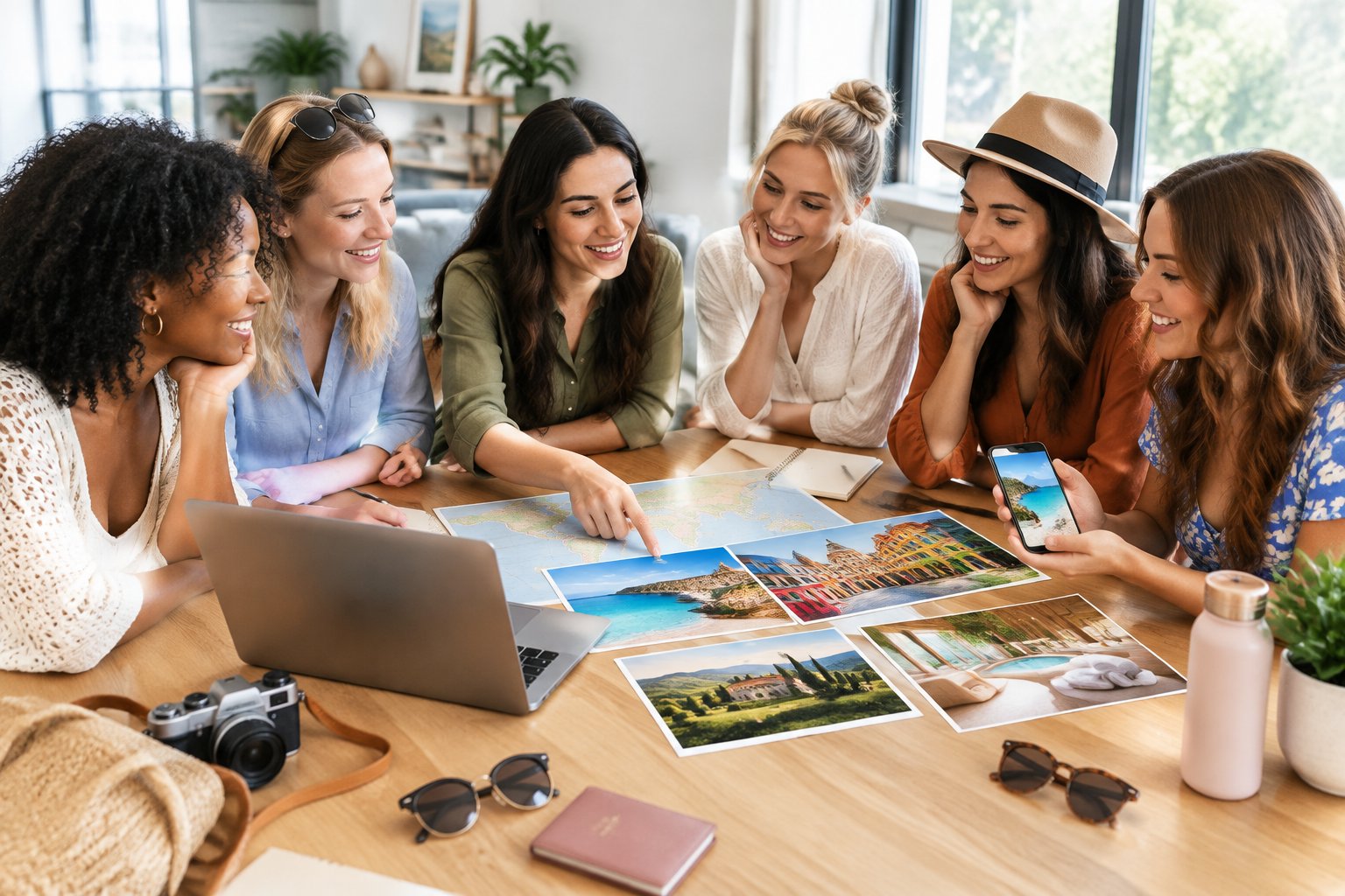 A group of friends compares travel options and plans a hen party destination around a table.