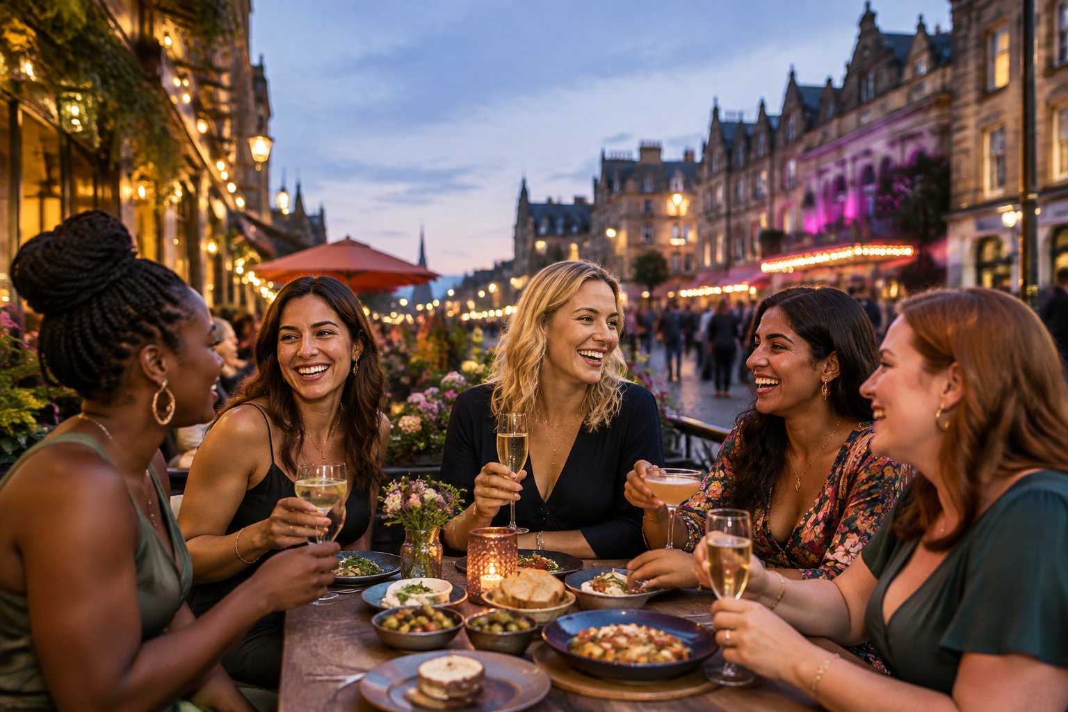 A diverse group of adult friends sharing food and drinks on a lively city restaurant terrace.