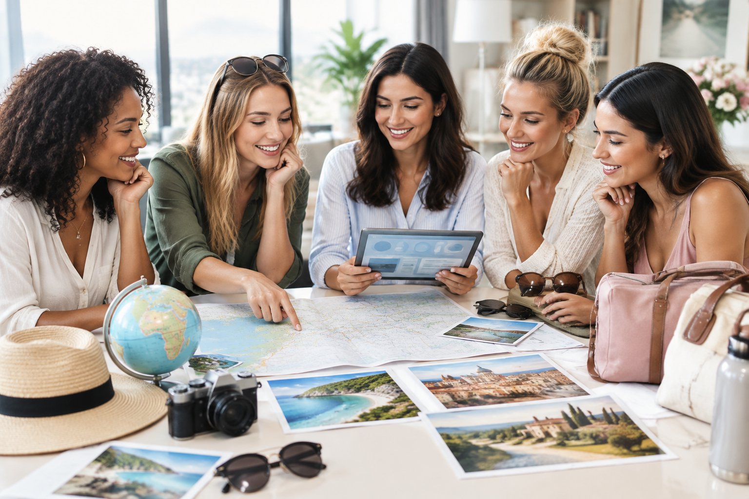 A group of friends compares travel options for a hen party around a table with maps, brochures, and travel accessories.
