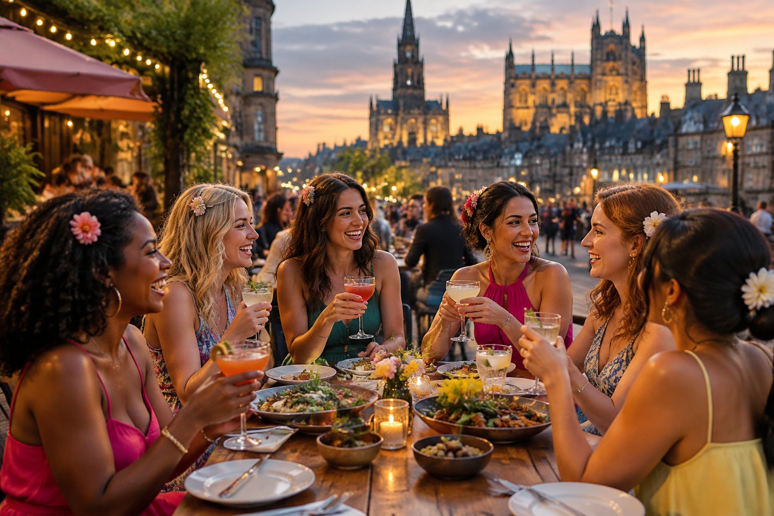 A group of women enjoying food and drinks together at an outdoor restaurant in a lively historic UK city.