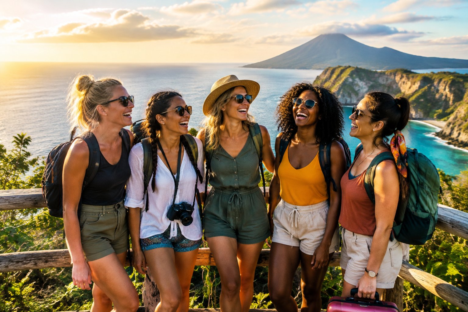 A group of friends celebrating together at a scenic tropical coastal overlook.