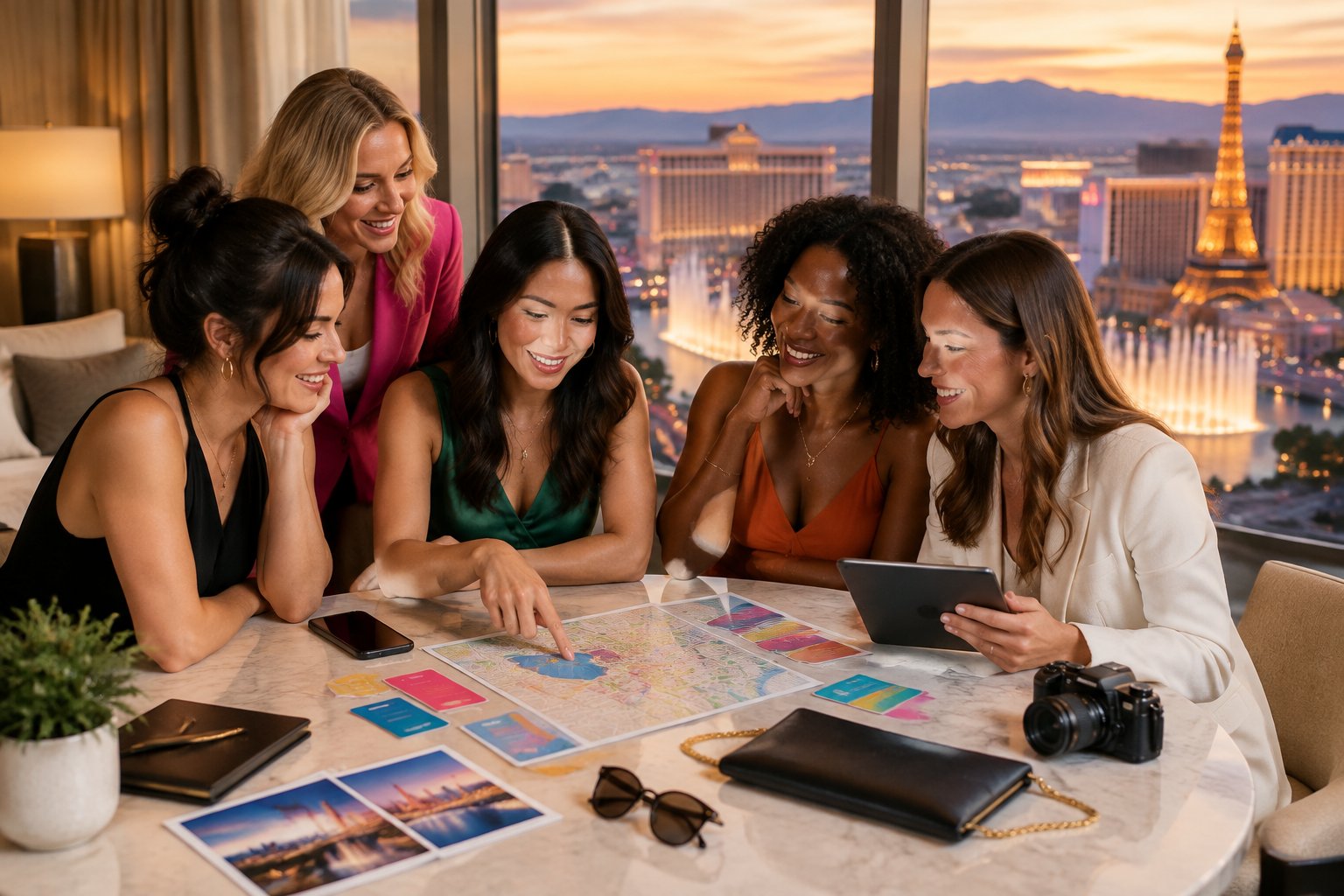 A group of women friends plan a Las Vegas weekend itinerary together in a hotel suite overlooking the city.