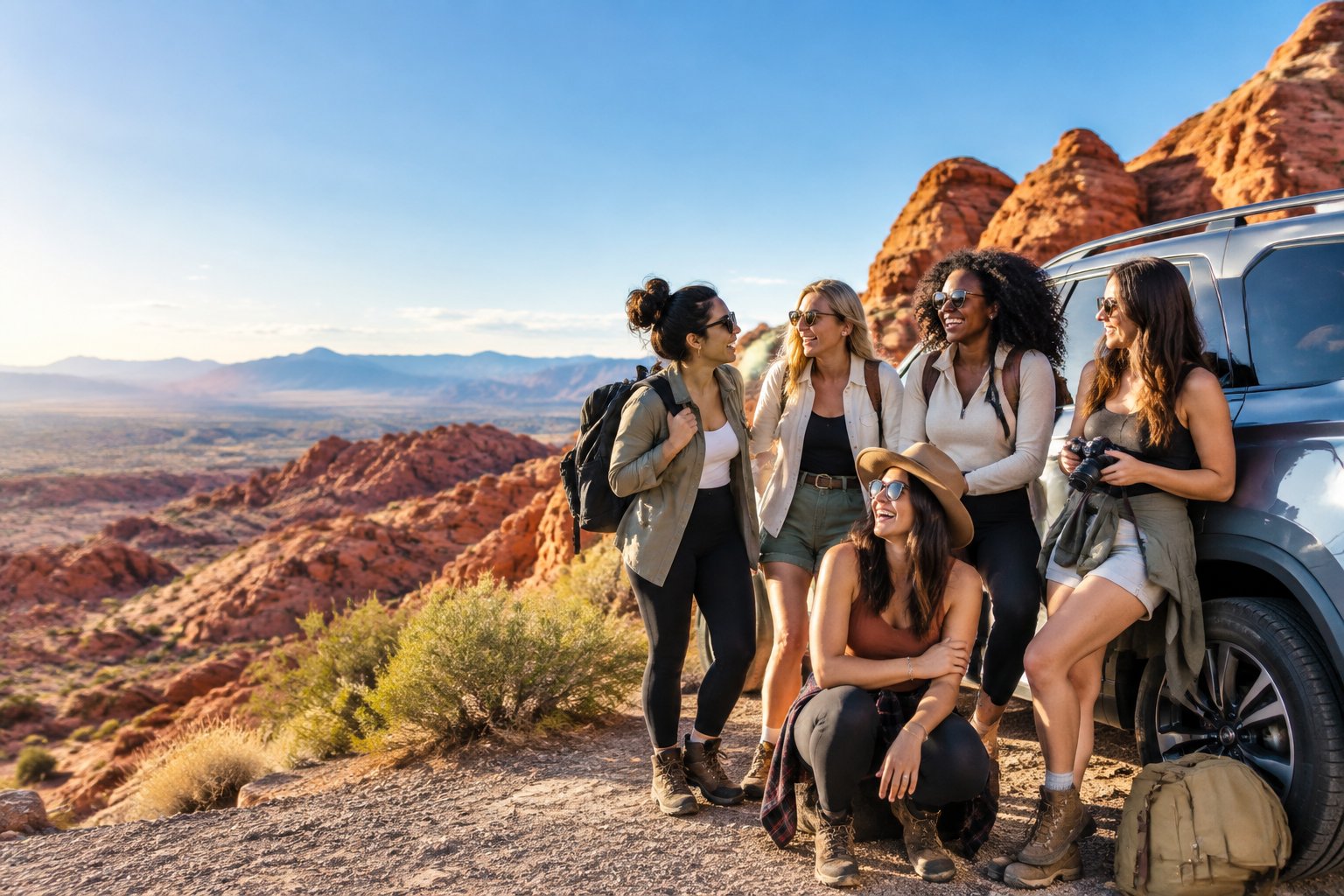 A group of friends celebrates beside an SUV in a scenic red-rock desert near Las Vegas.