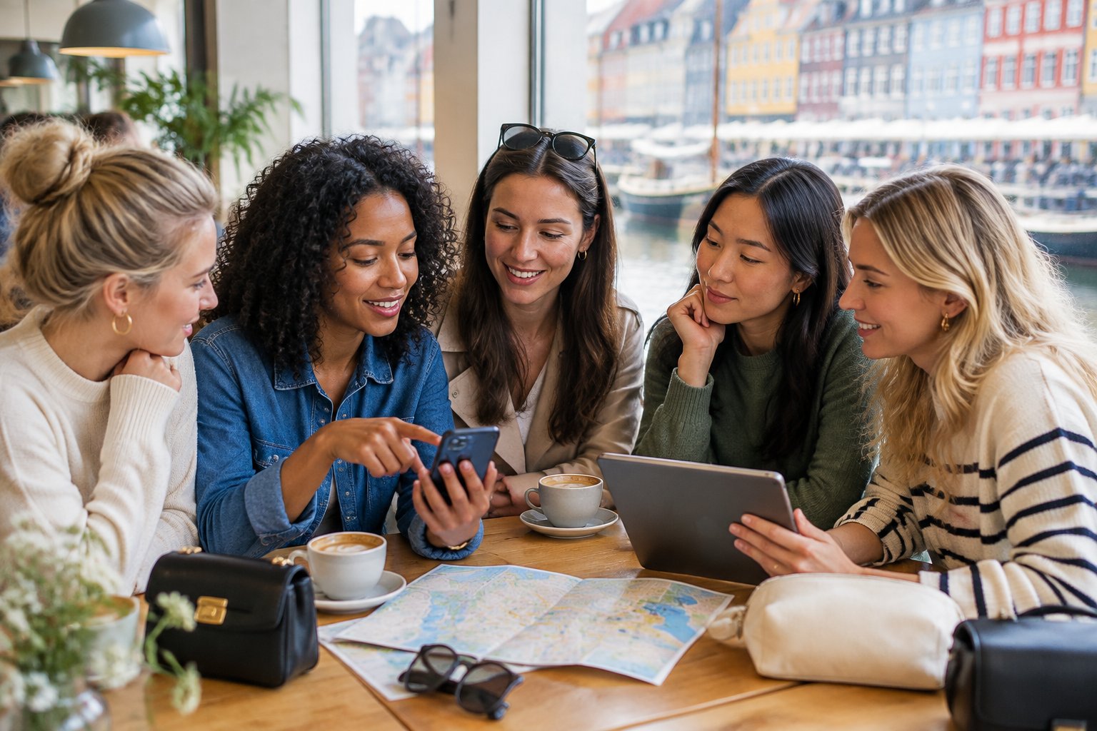 A group of friends discusses hen party destination options at a Copenhagen café.