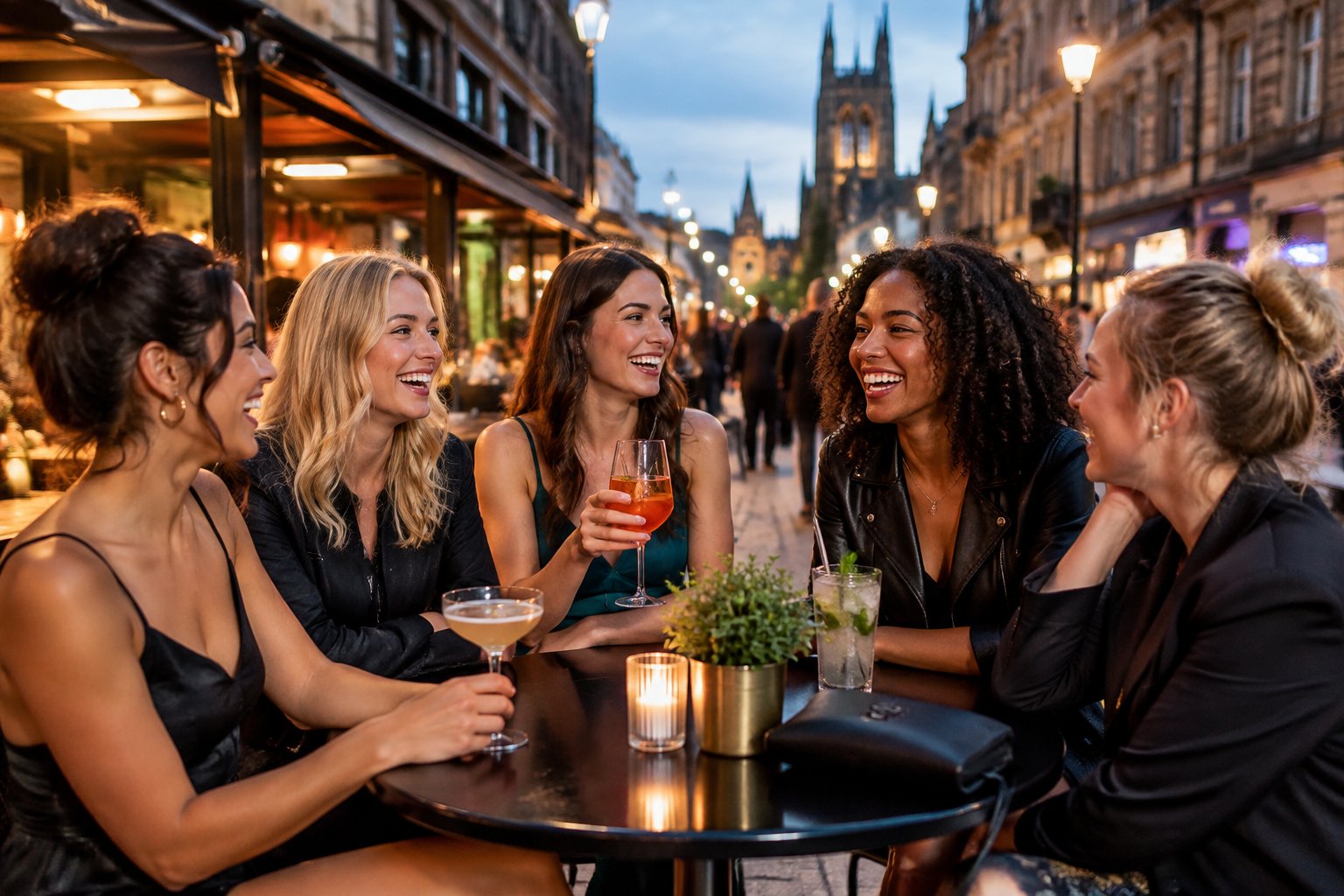 A group of women celebrating together at an outdoor city-centre restaurant during an evening night out.