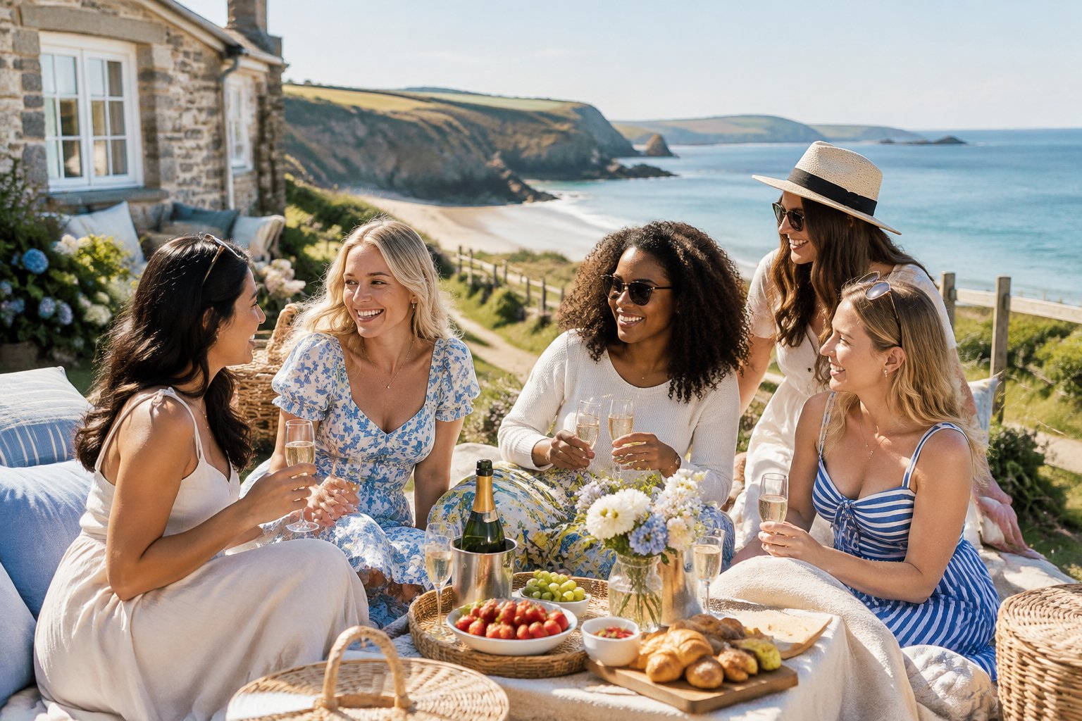 Friends enjoying a relaxed hen party picnic beside a scenic British coastline.