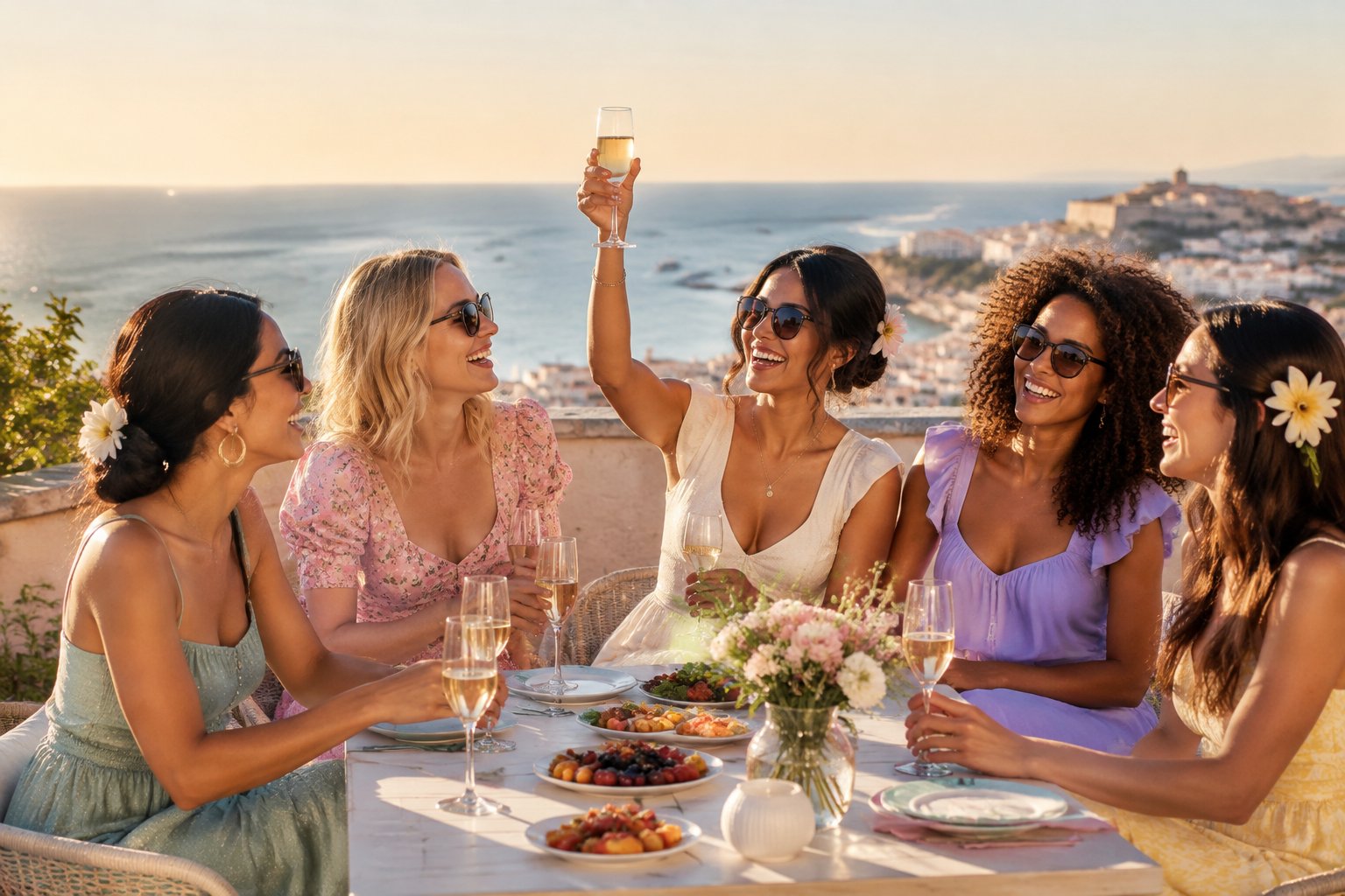 A group of friends celebrating together on a sunny rooftop overlooking the sea.