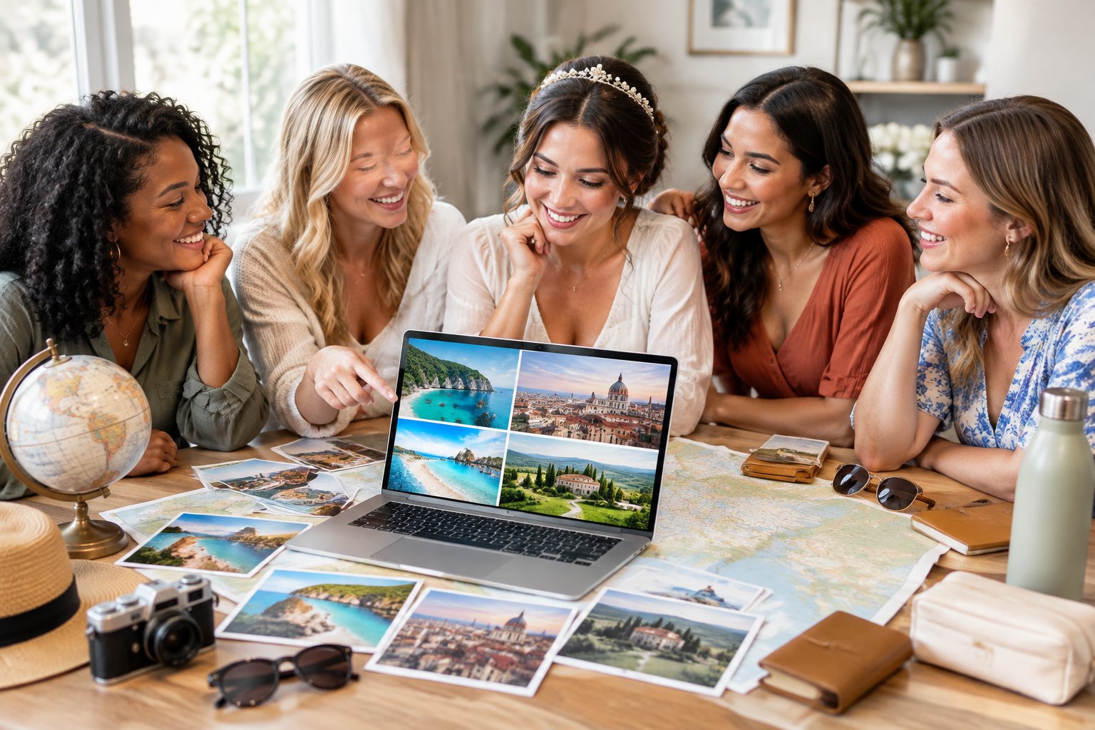Friends compare travel ideas and plan a hen party destination together.