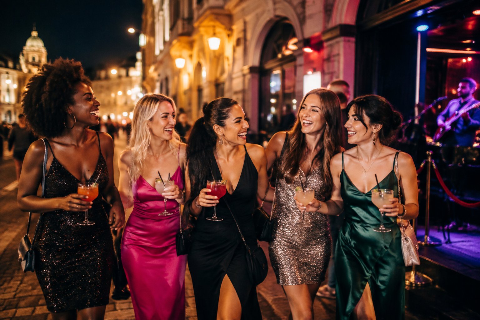 A group of friends enjoying drinks and music outside a lively city bar at night.