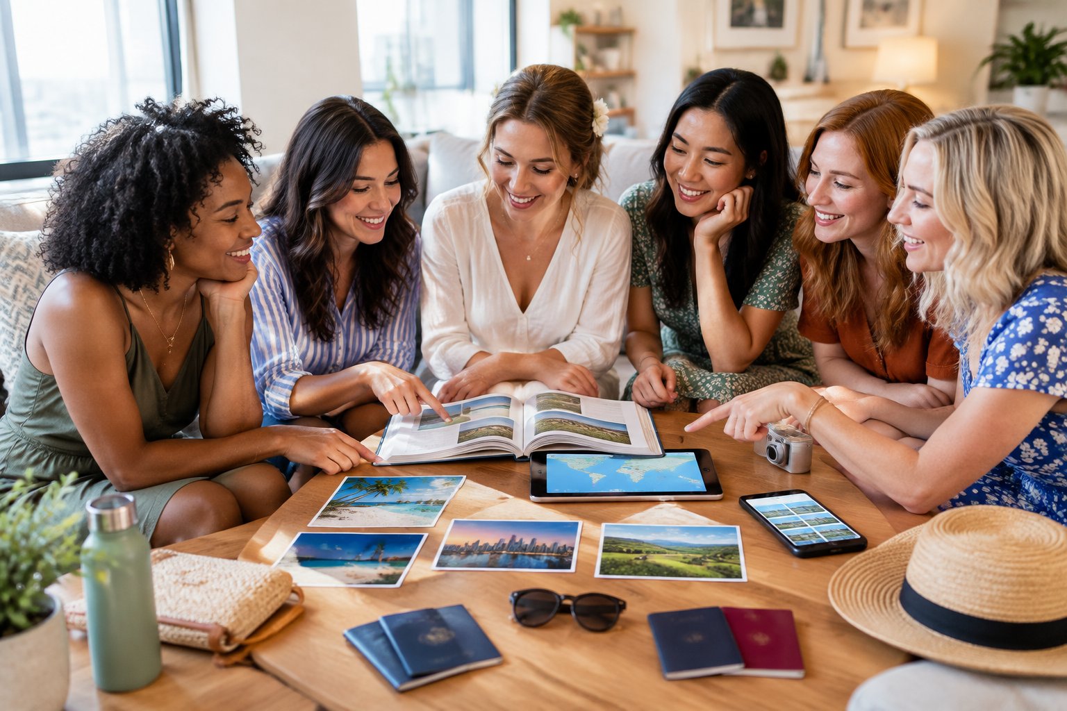 A group of friends gathers around travel materials to choose a destination for the bride’s hen party.