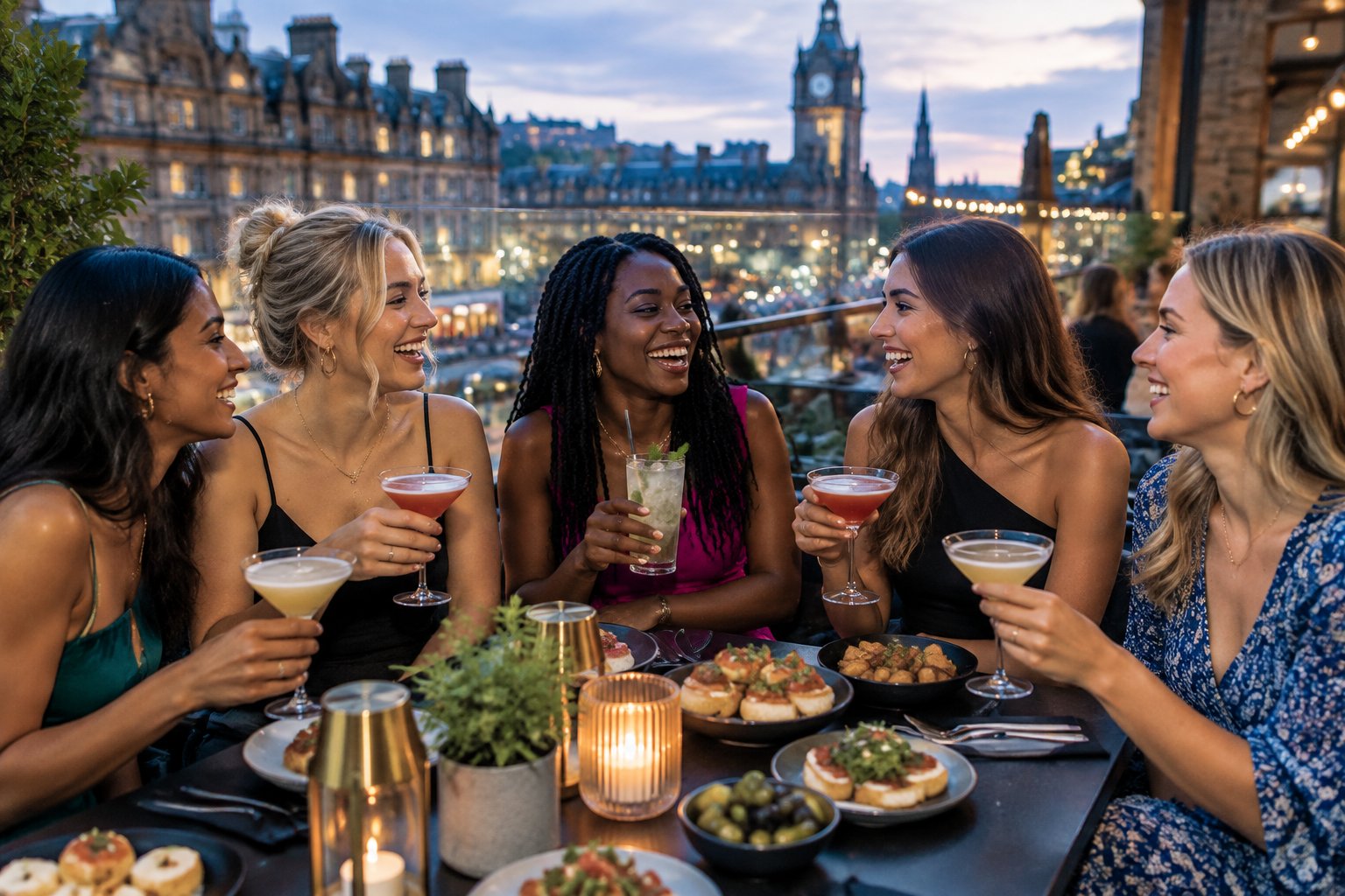 A group of women friends enjoying food and drinks together at a lively city restaurant.