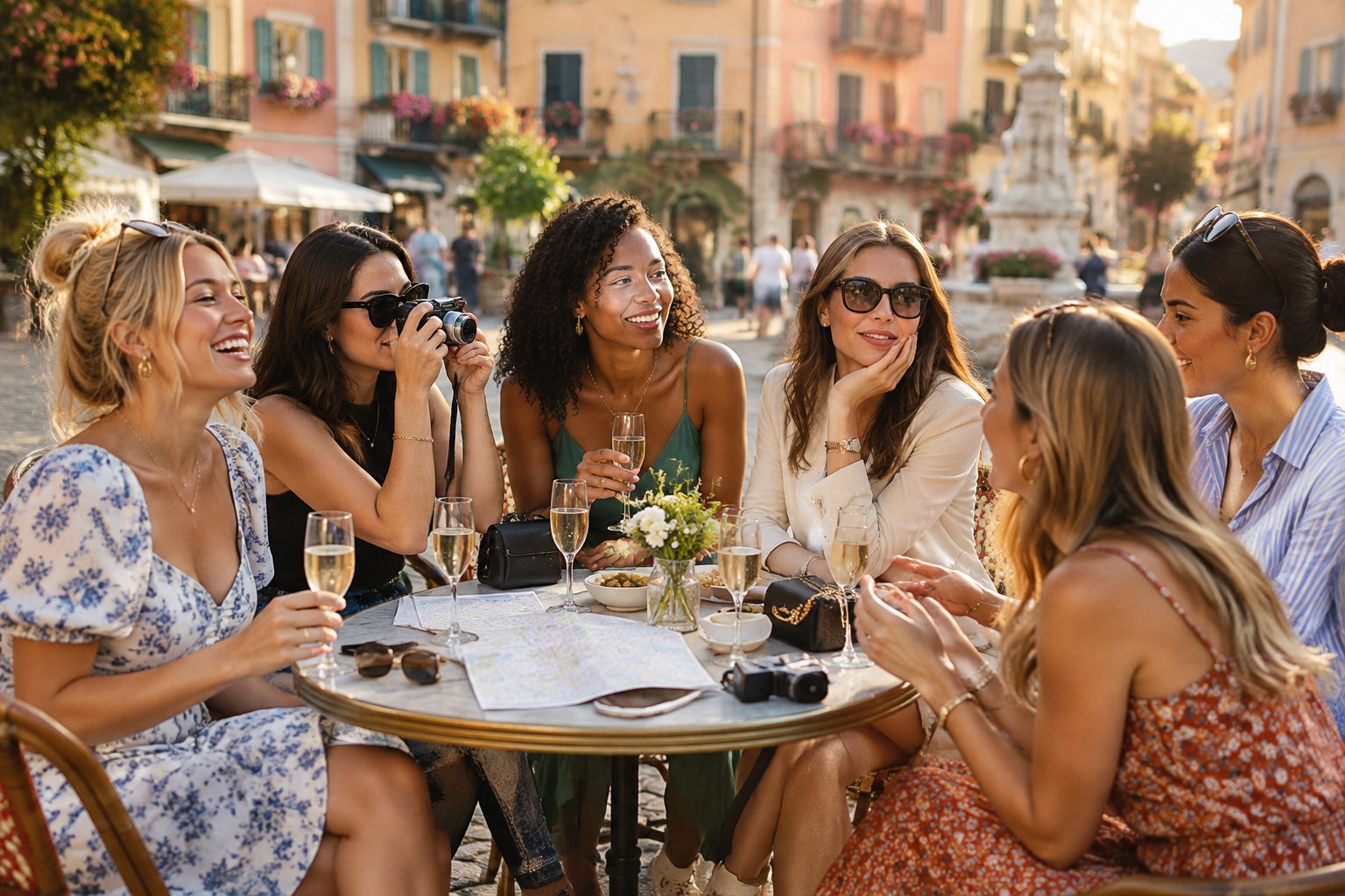 A group of friends enjoying drinks together at an outdoor café in a picturesque European square.