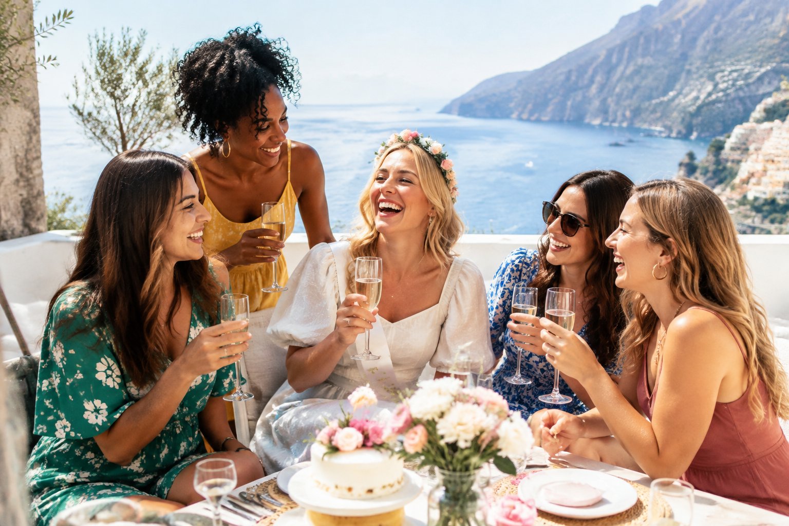 A group of friends celebrating together on a sunny weekend getaway terrace.