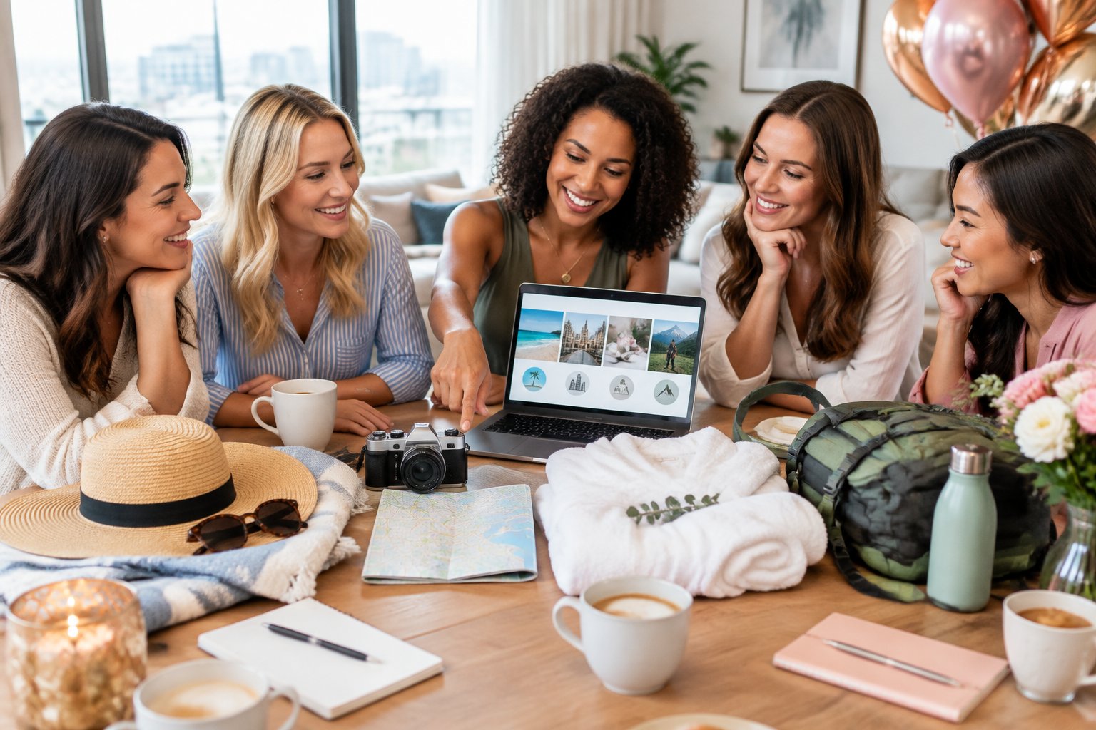 A group of friends compares travel items while planning a celebratory getaway.