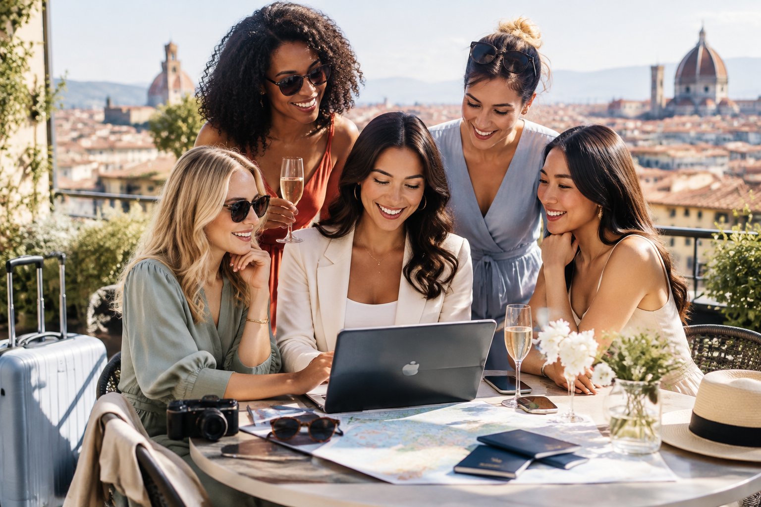 A group of women celebrating together on a stylish city rooftop while one looks at a laptop.