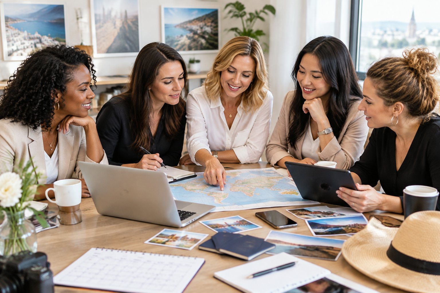 A group of women compares travel plans and destinations around a table while organizing a hen party.