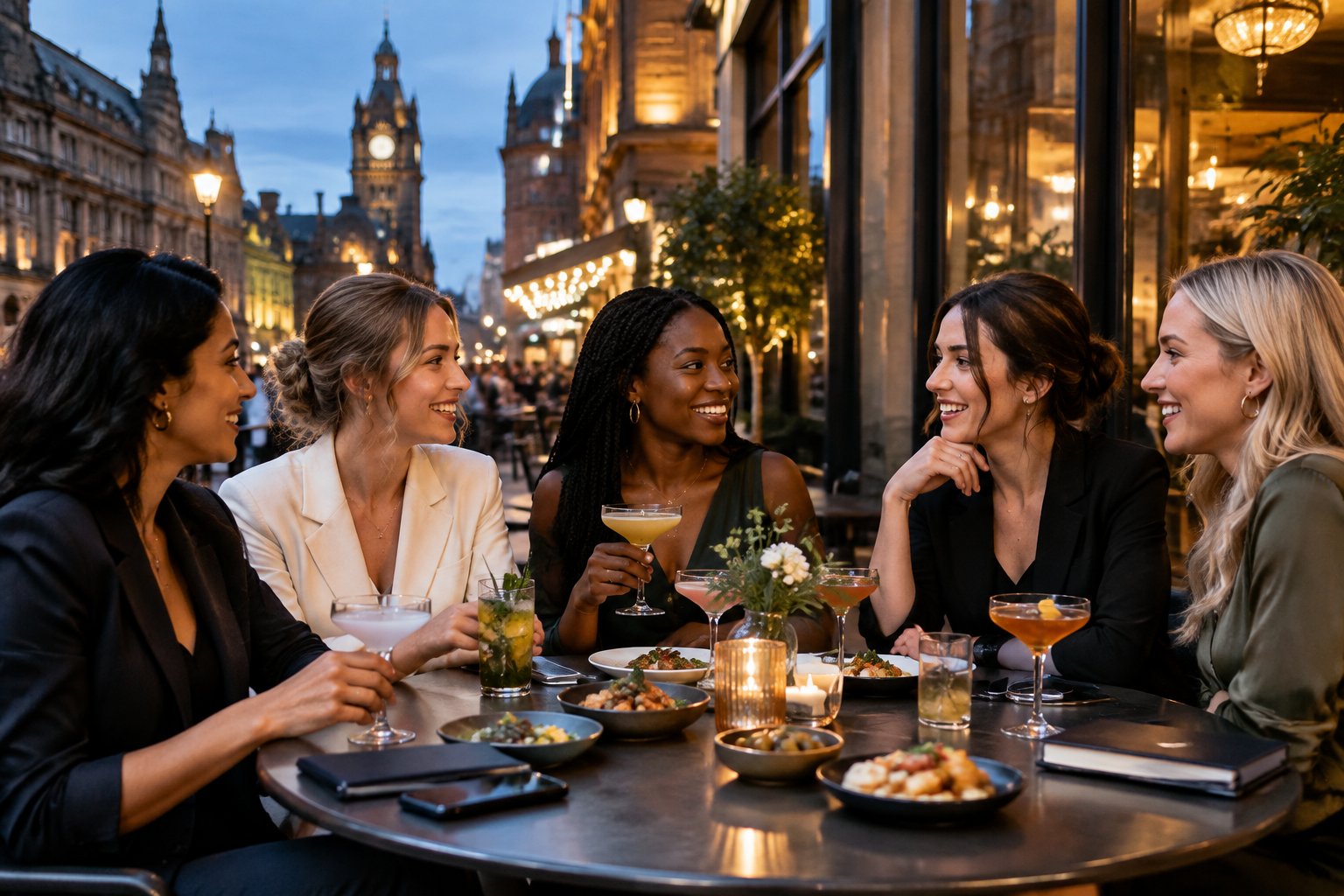 A group of professionally dressed women sharing food and drinks at a lively city restaurant.