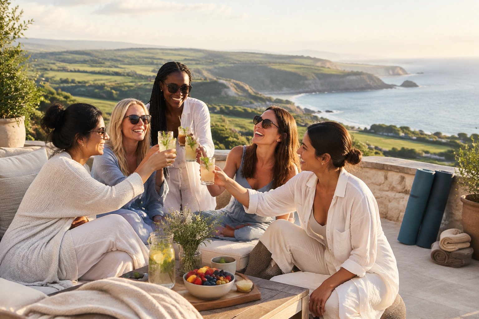 A group of women relaxing together on a sunny terrace overlooking green countryside and the coast.