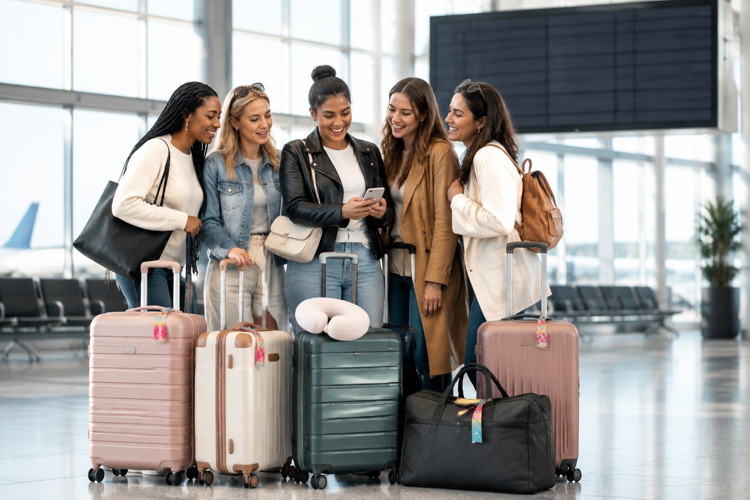 A group of friends compares travel luggage while planning a hen party destination in an airport lounge.