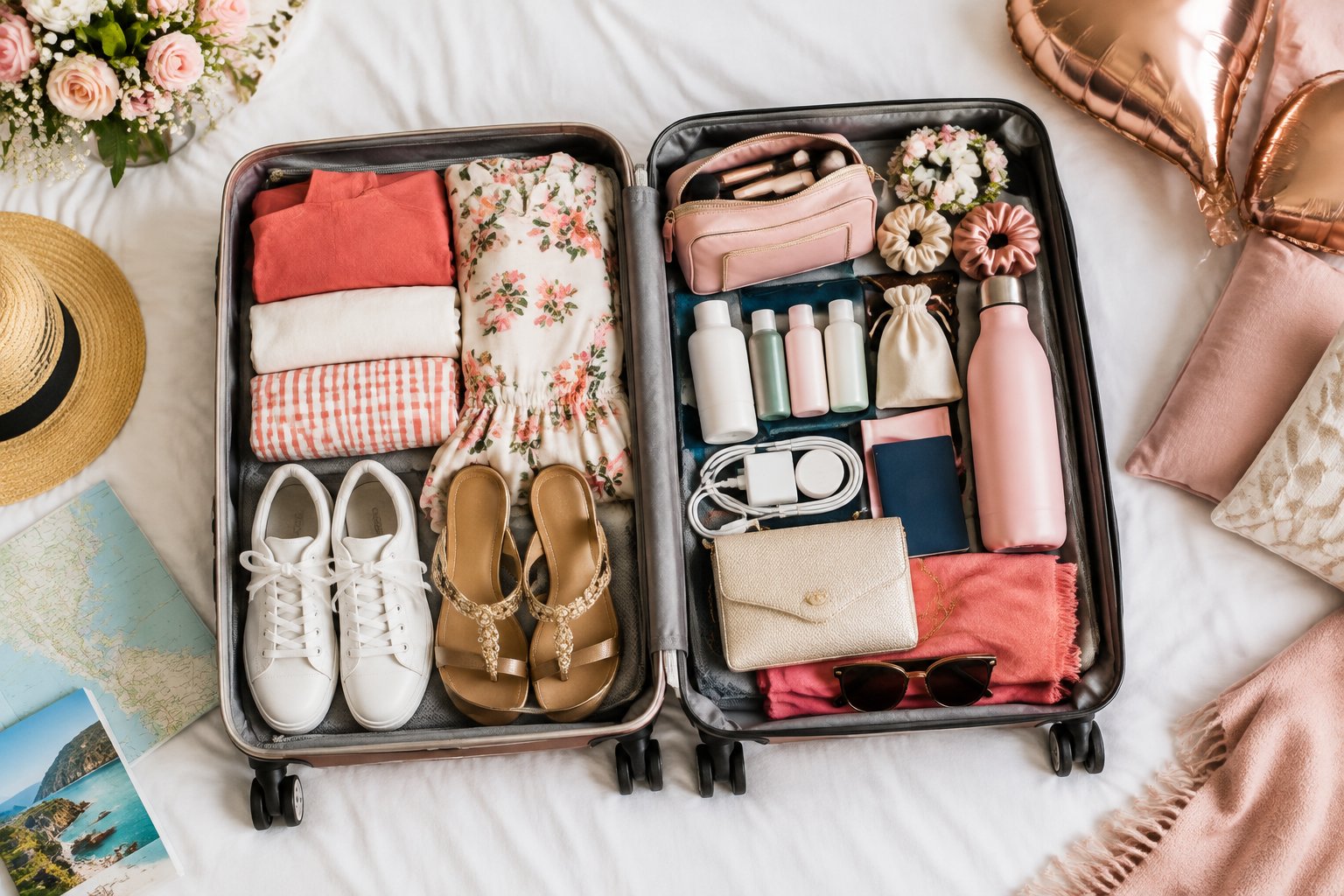 An open suitcase neatly packed with clothing, shoes, toiletries, accessories, and travel essentials for a hen party trip.