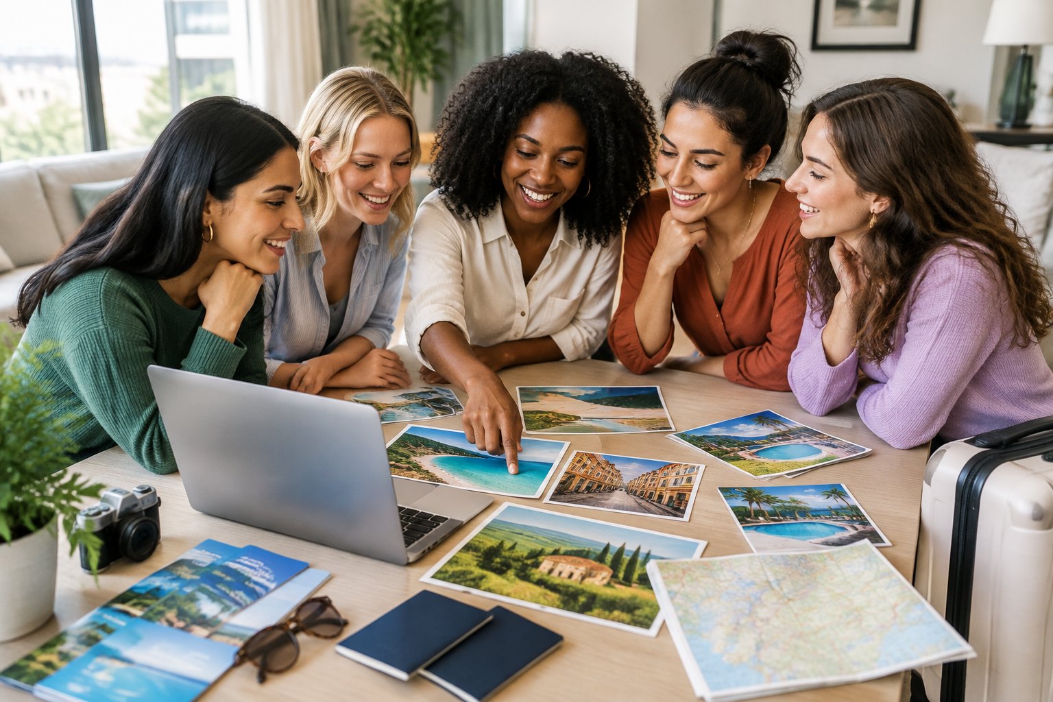 A group of friends compares travel ideas around a table while planning a hen party destination.