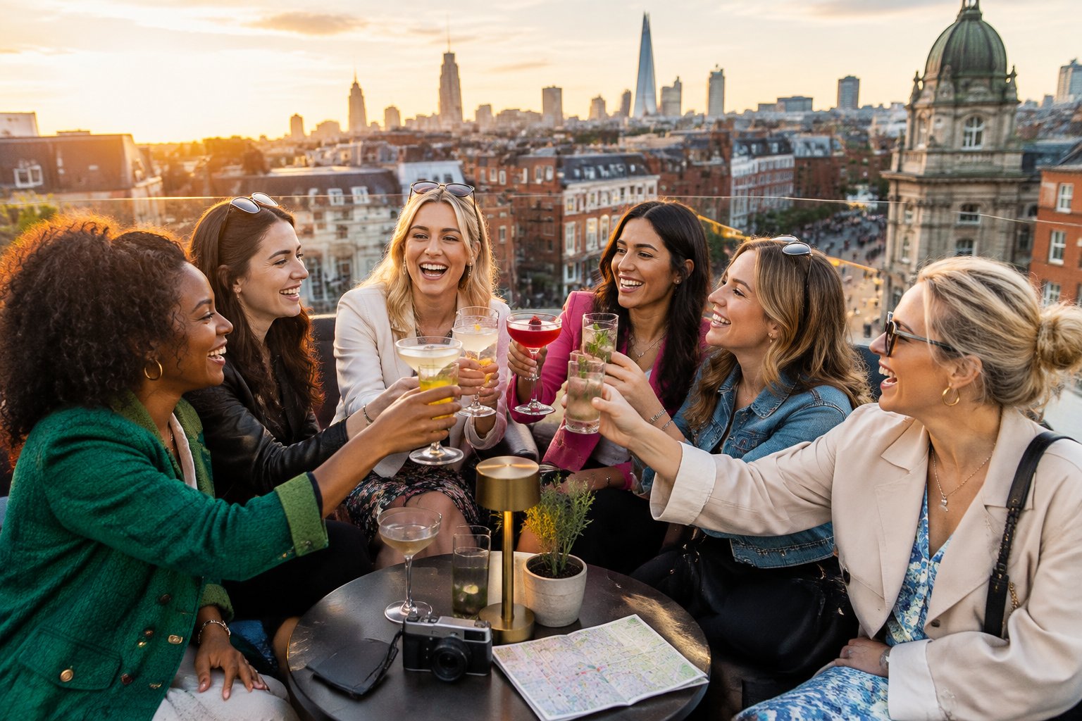 A group of friends celebrating together on a rooftop overlooking a British city skyline.