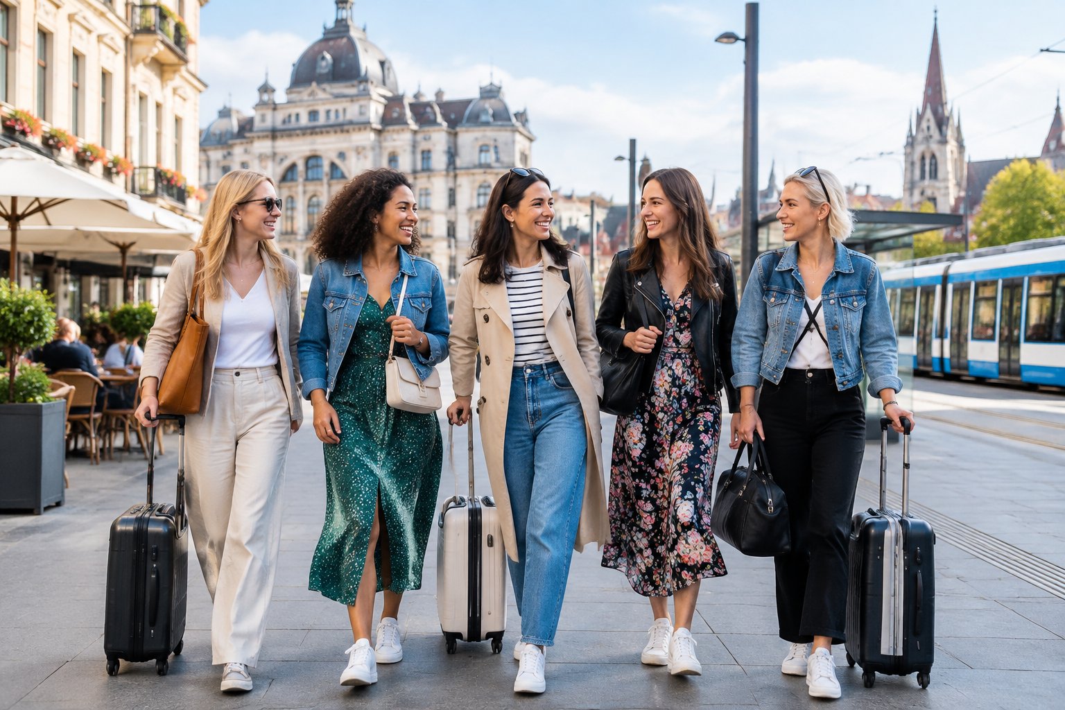 A group of friends with small suitcases enjoying a convenient city getaway near a train station.
